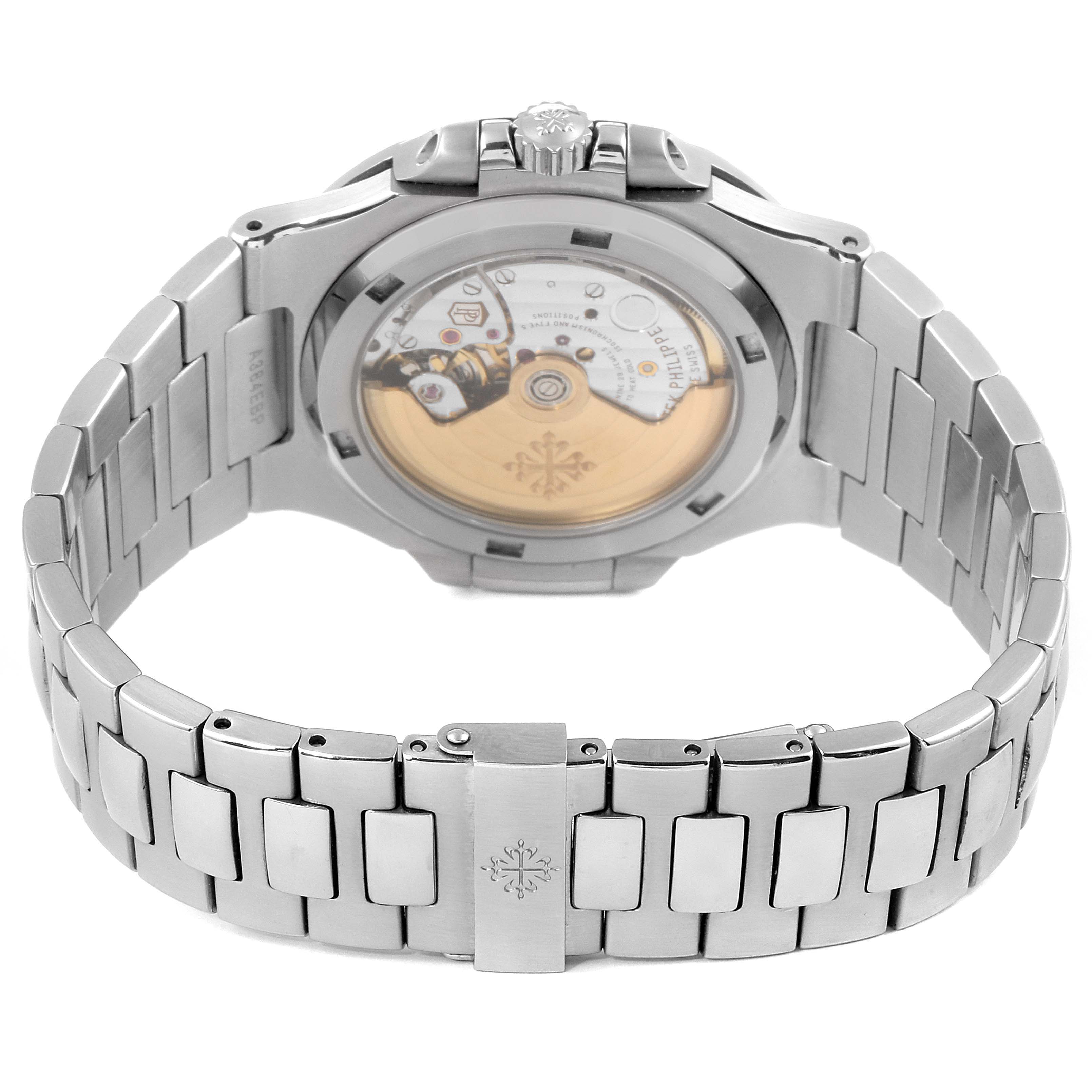 This image shows the backside and bracelet of a Patek Philippe Nautilus 5711/1A-010 Men's Stainless Steel Blue Dial 5711/1A-010 Men's Stainless Steel Blue Dial watch, emphasizing the movement mechanism and clasp.