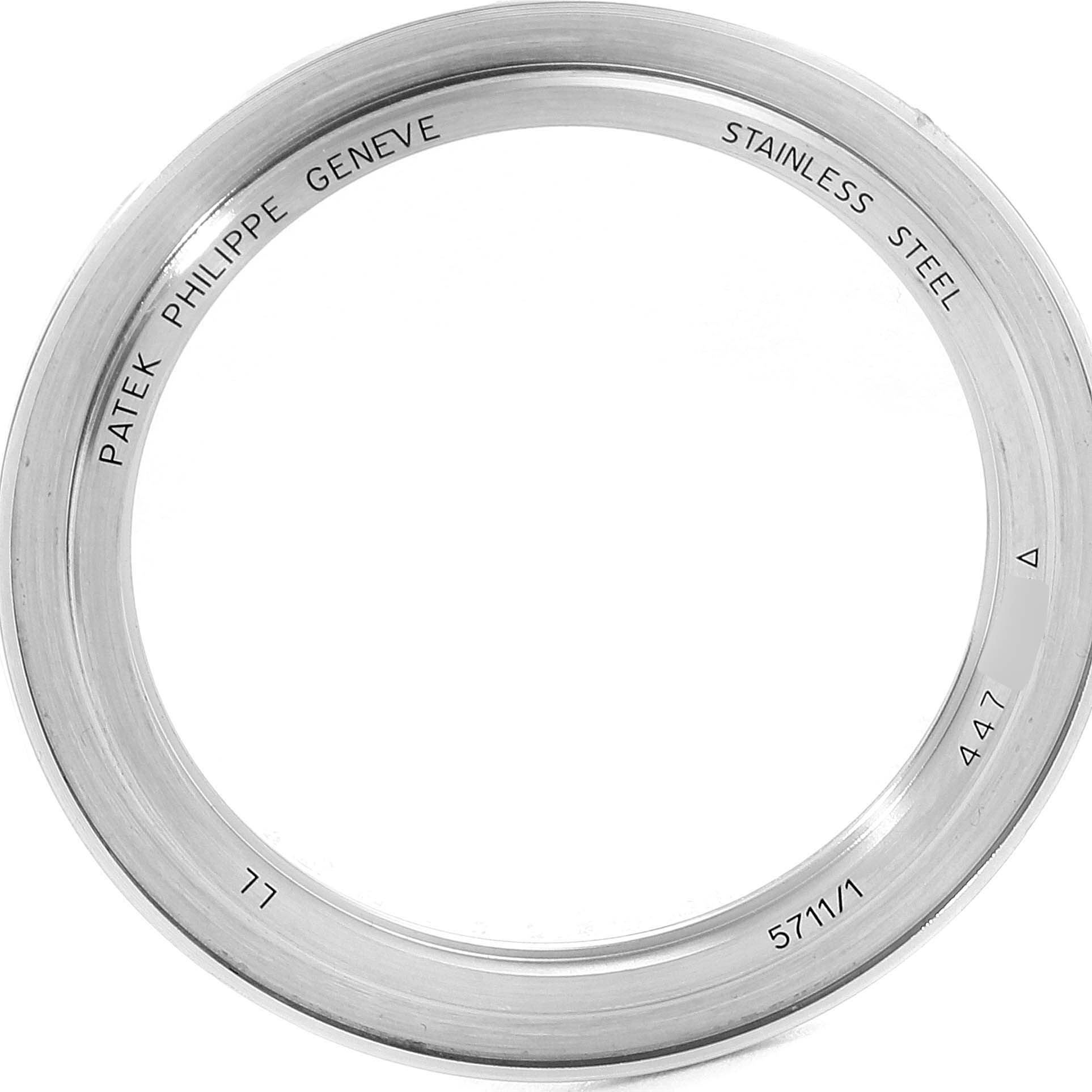 This image shows the stainless steel bezel of the Nautilus model by Patek Philippe.