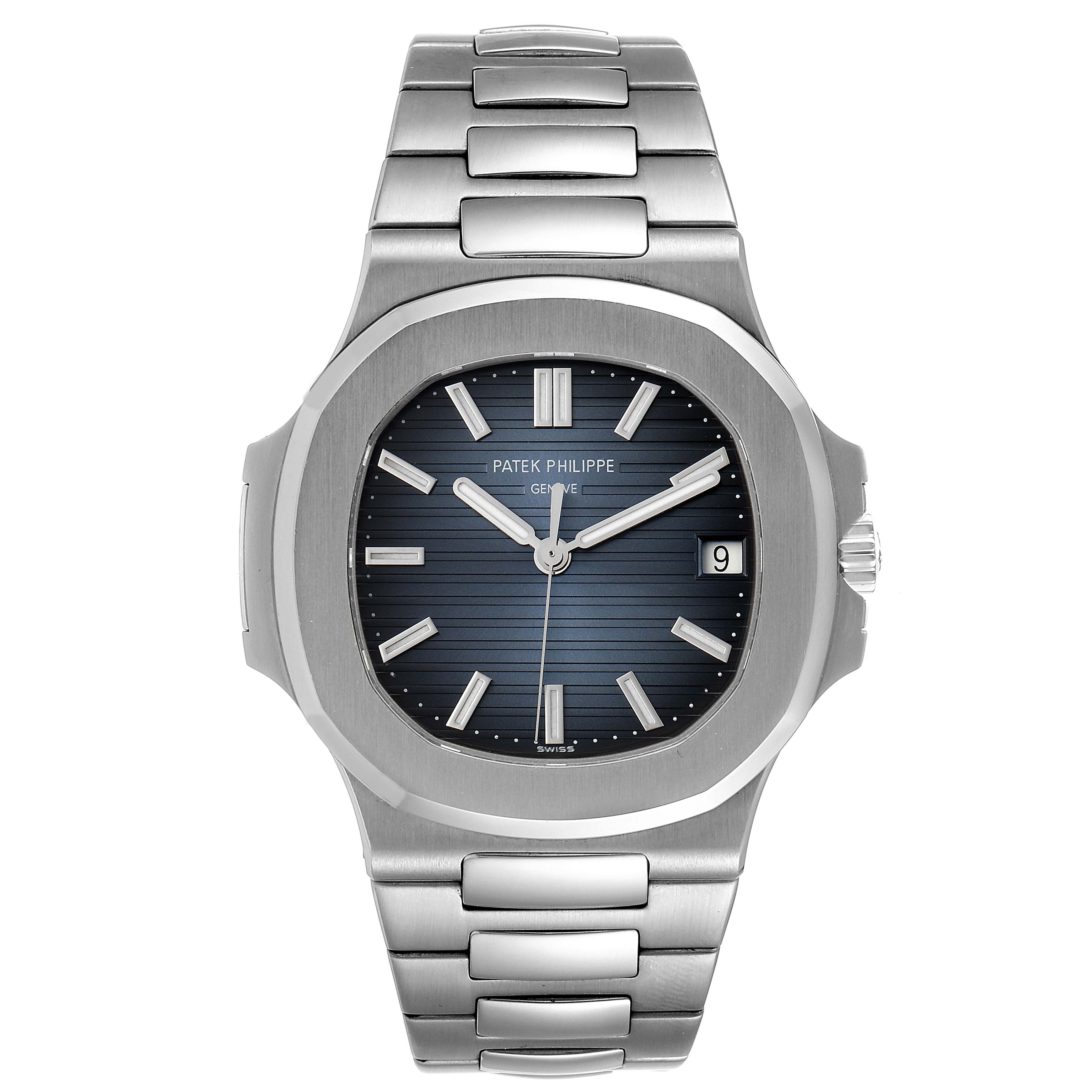 The image shows a frontal view of the Patek Philippe Nautilus 5711/1A-010 Men's Stainless Steel Blue Dial 5711/1A-010 Men's Stainless Steel Blue Dial model with a stainless steel bracelet and a blue dial.