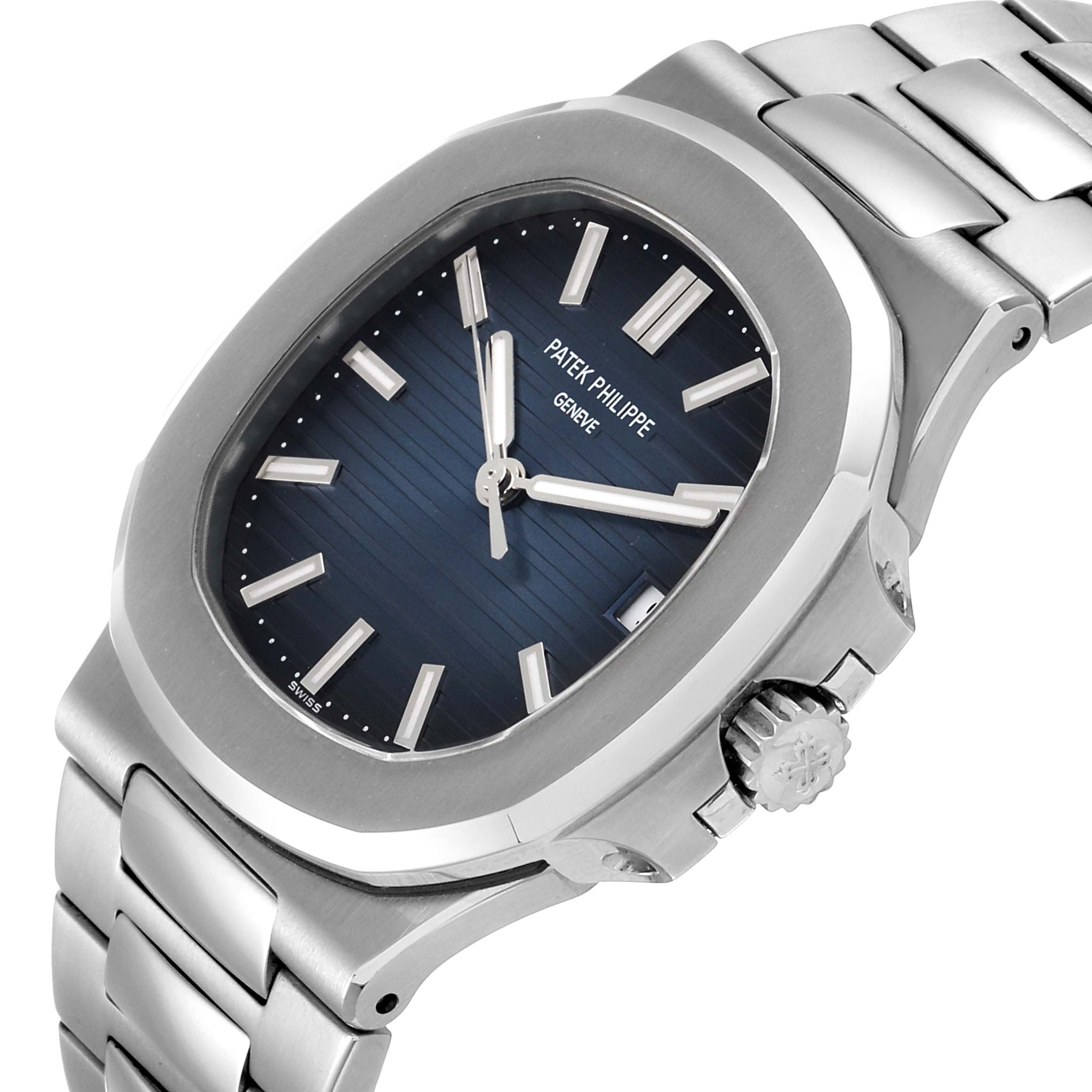 The image shows a side angle of the Patek Philippe Nautilus 5711/1A-010 Men's Stainless Steel Blue Dial 5711/1A-010 Men's Stainless Steel Blue Dial watch, highlighting the face, bezel, crown, and part of the bracelet.