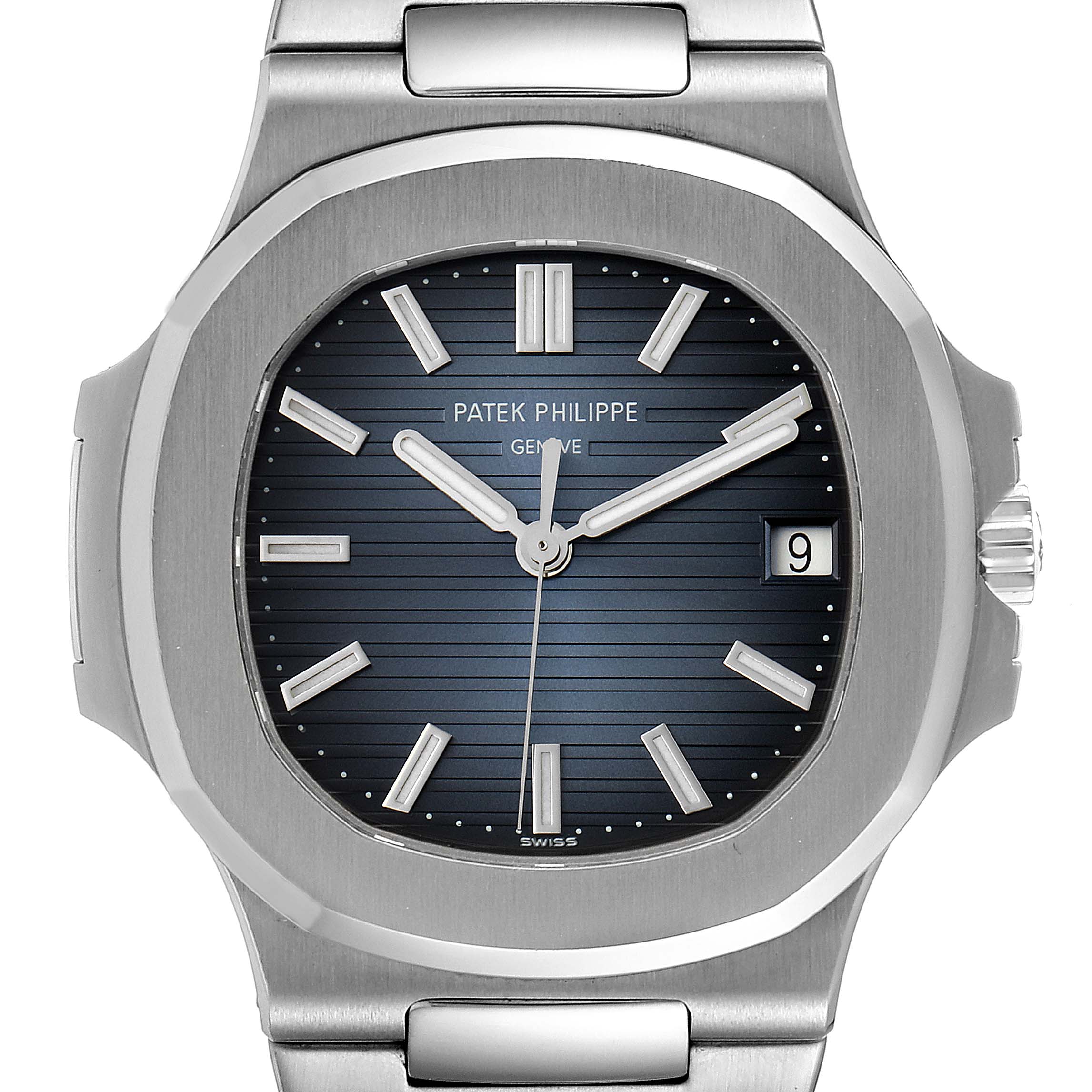 The image shows a front view of the Patek Philippe Nautilus 5711/1A-010 Men's Stainless Steel Blue Dial 5711/1A-010 Men's Stainless Steel Blue Dial watch, highlighting its dial, hands, and date display.