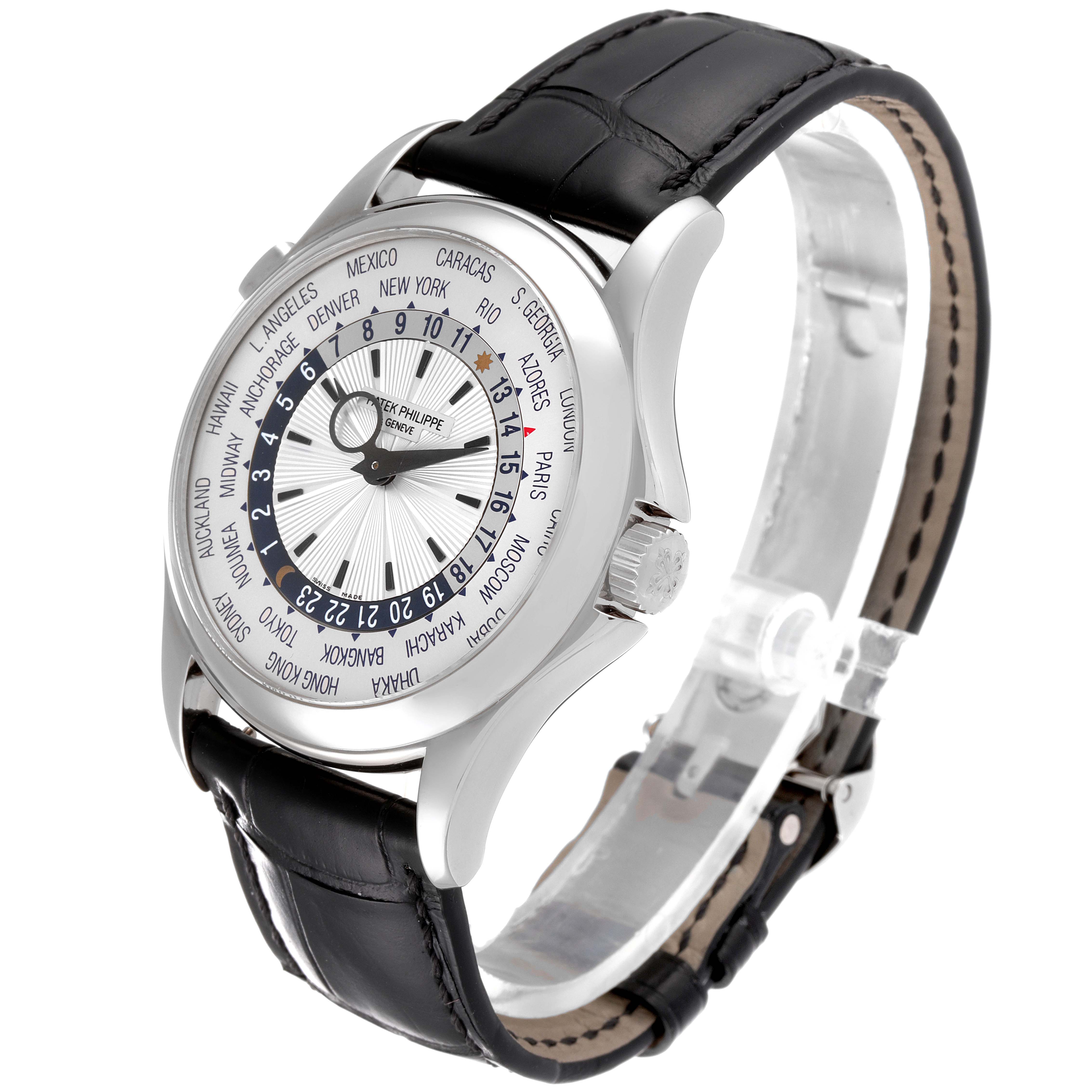 The image shows a Patek Philippe Complications 5130G-019 Men's Stainless Steel Silver Dial 5130G-019 Men's Stainless Steel Silver Dial model watch at a three-quarter angle, highlighting the face, bezel, crown, and strap.