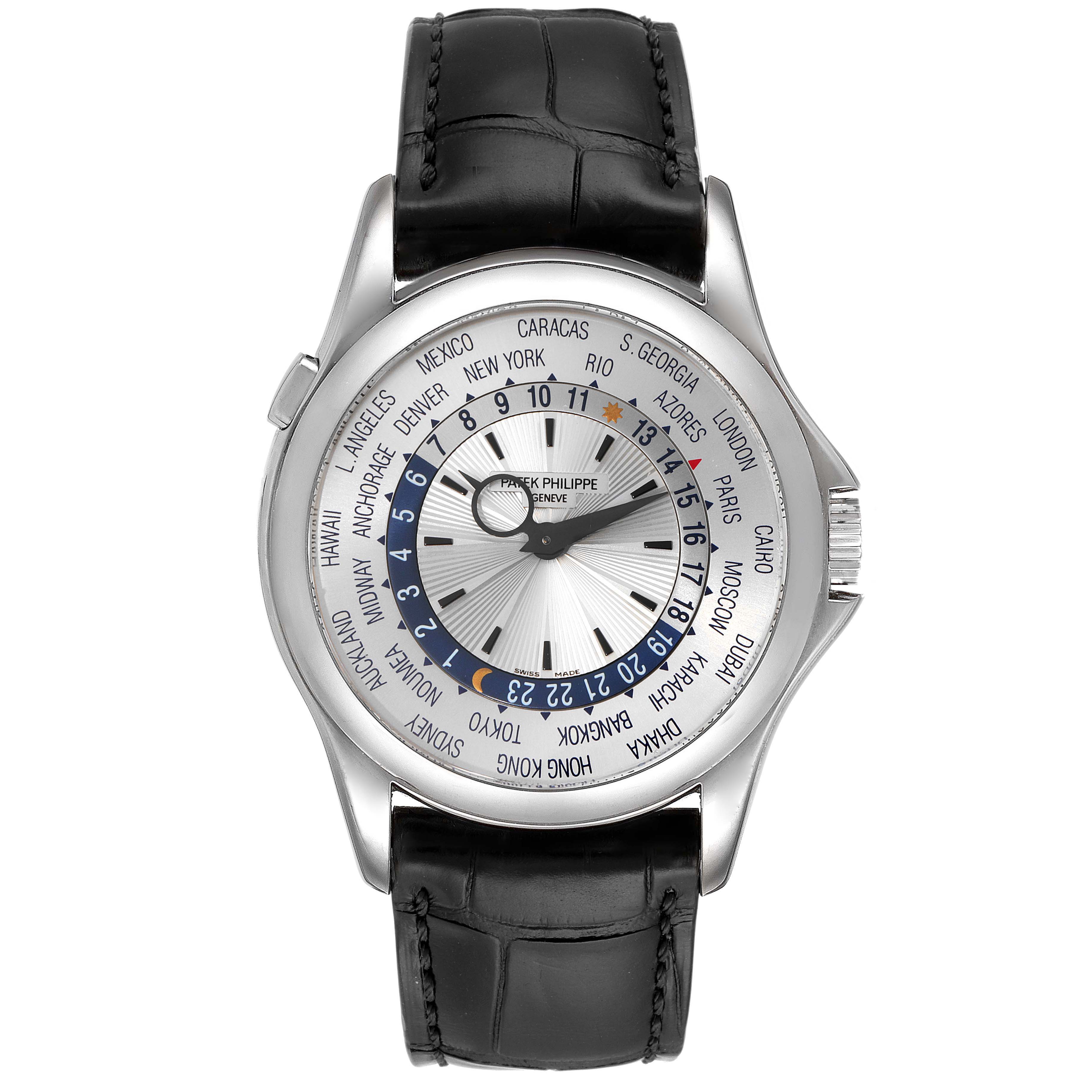 The image shows a top-down view of a Patek Philippe Complications 5130G-019 Men's Stainless Steel Silver Dial 5130G-019 Men's Stainless Steel Silver Dial model watch, displaying its dial and leather strap.