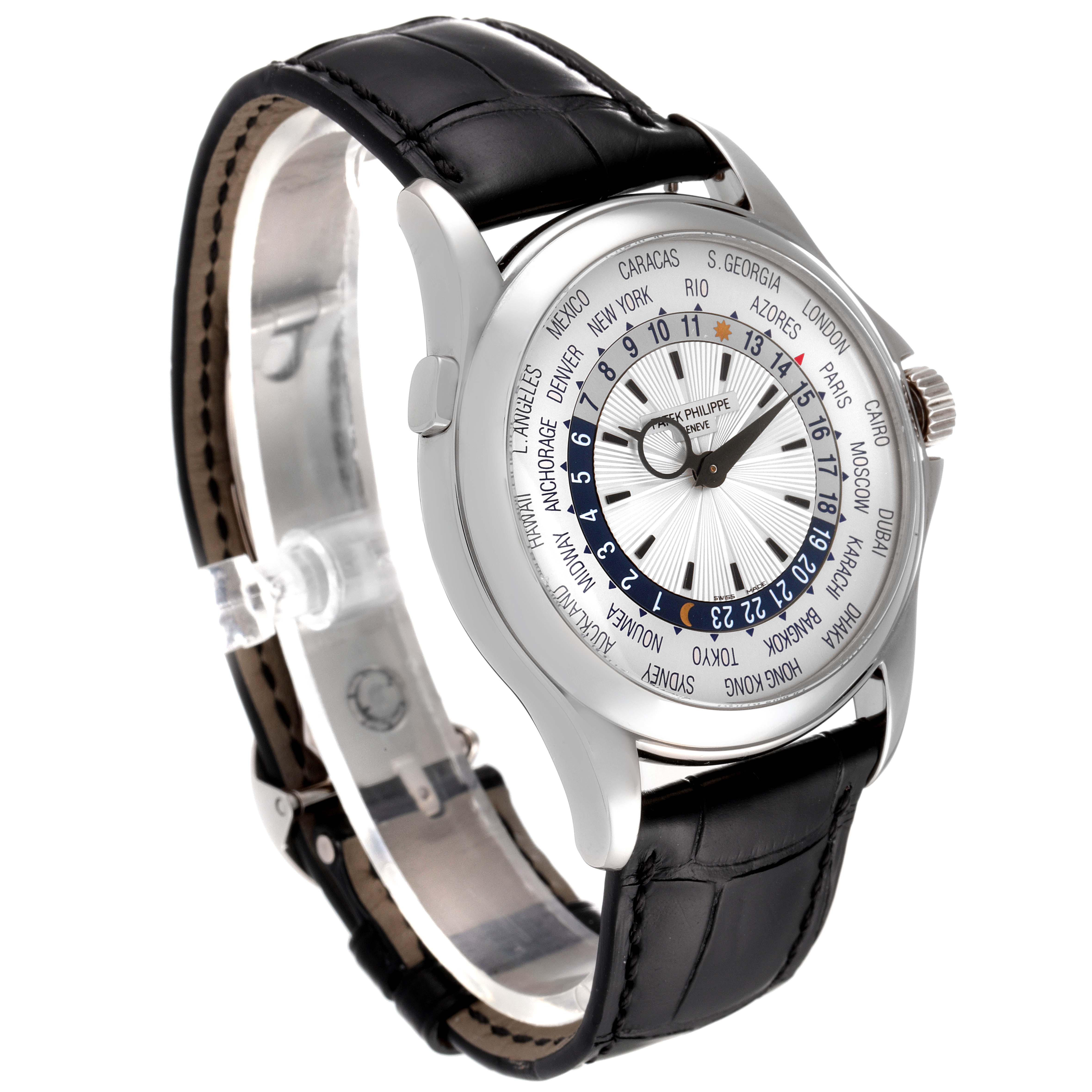 This Patek Philippe Complications 5130G-019 Men's Stainless Steel Silver Dial 5130G-019 Men's Stainless Steel Silver Dial model watch is shown at a three-quarter angle highlighting the dial, bezel, and black leather strap.