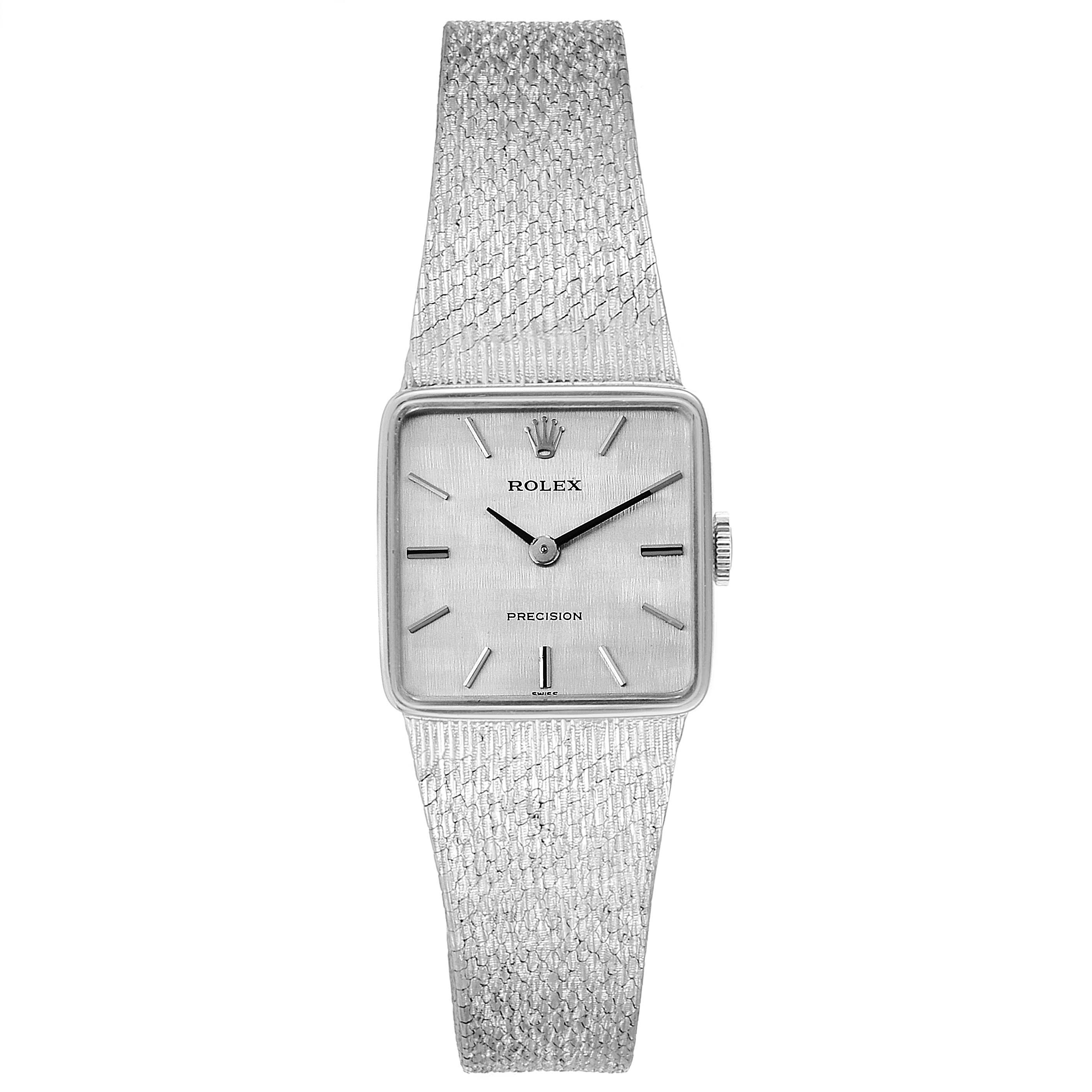 The image shows a front view of a Rolex Cellini 285 Women's White Gold Silver Dial 285 Women's White Gold Silver Dial watch, featuring its square dial and textured bracelet.