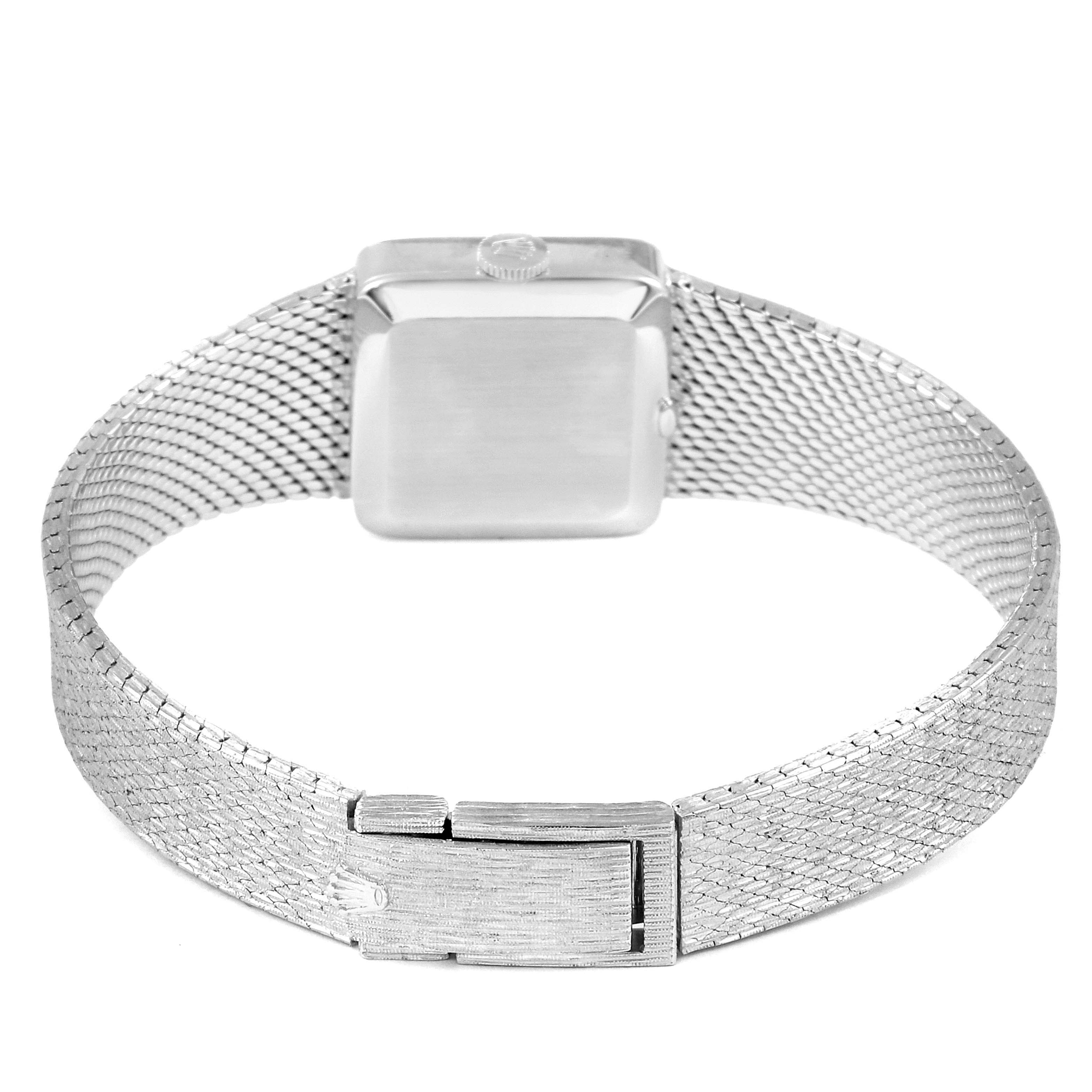 The image shows the back view of a Rolex Cellini 285 Women's White Gold Silver Dial 285 Women's White Gold Silver Dial watch, highlighting the clasp and mesh band.