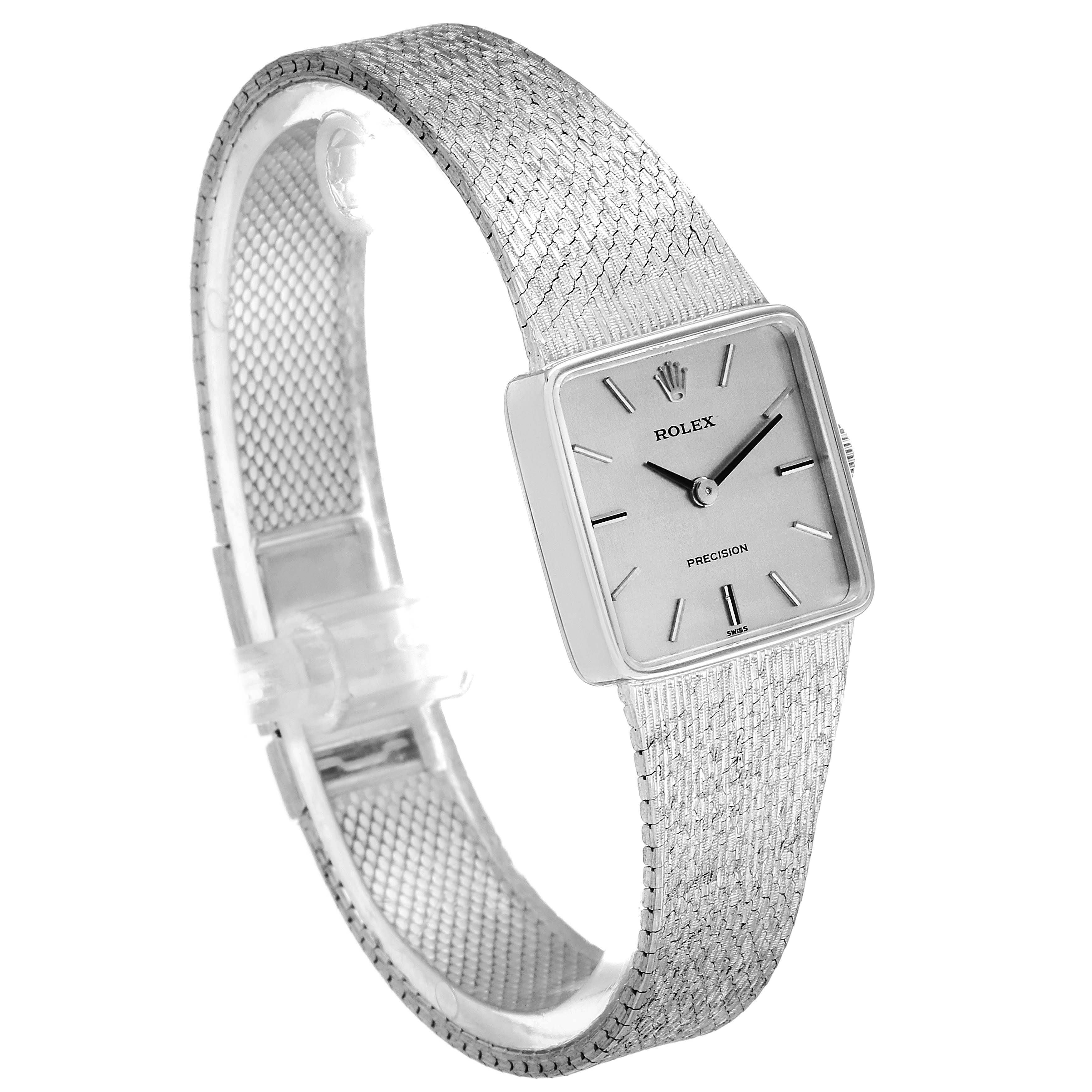 This image shows a full view of the Rolex Cellini 285 Women's White Gold Silver Dial 285 Women's White Gold Silver Dial watch, highlighting its rectangular face, silver-tone mesh bracelet, and closure.