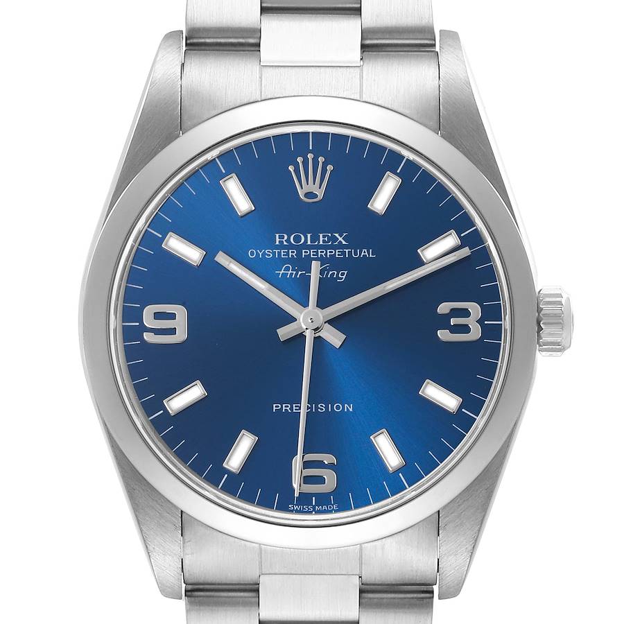 The Rolex Air-King watch is shown from the front, highlighting its blue dial and silver hour markers.