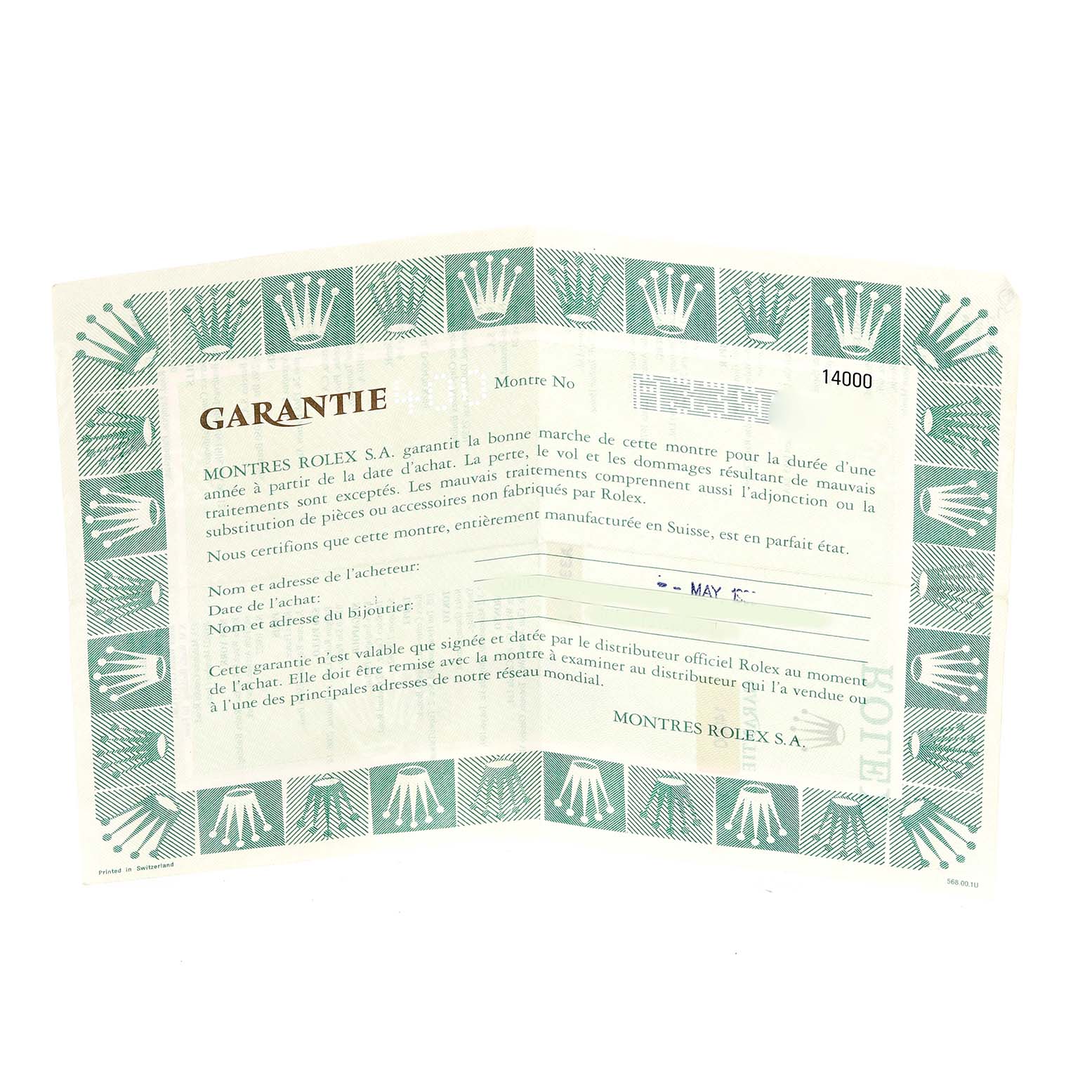 The image shows the warranty card for the Rolex Air-King 14000 Men's Stainless Steel Blue Dial 14000 Men's Stainless Steel Blue Dial watch.