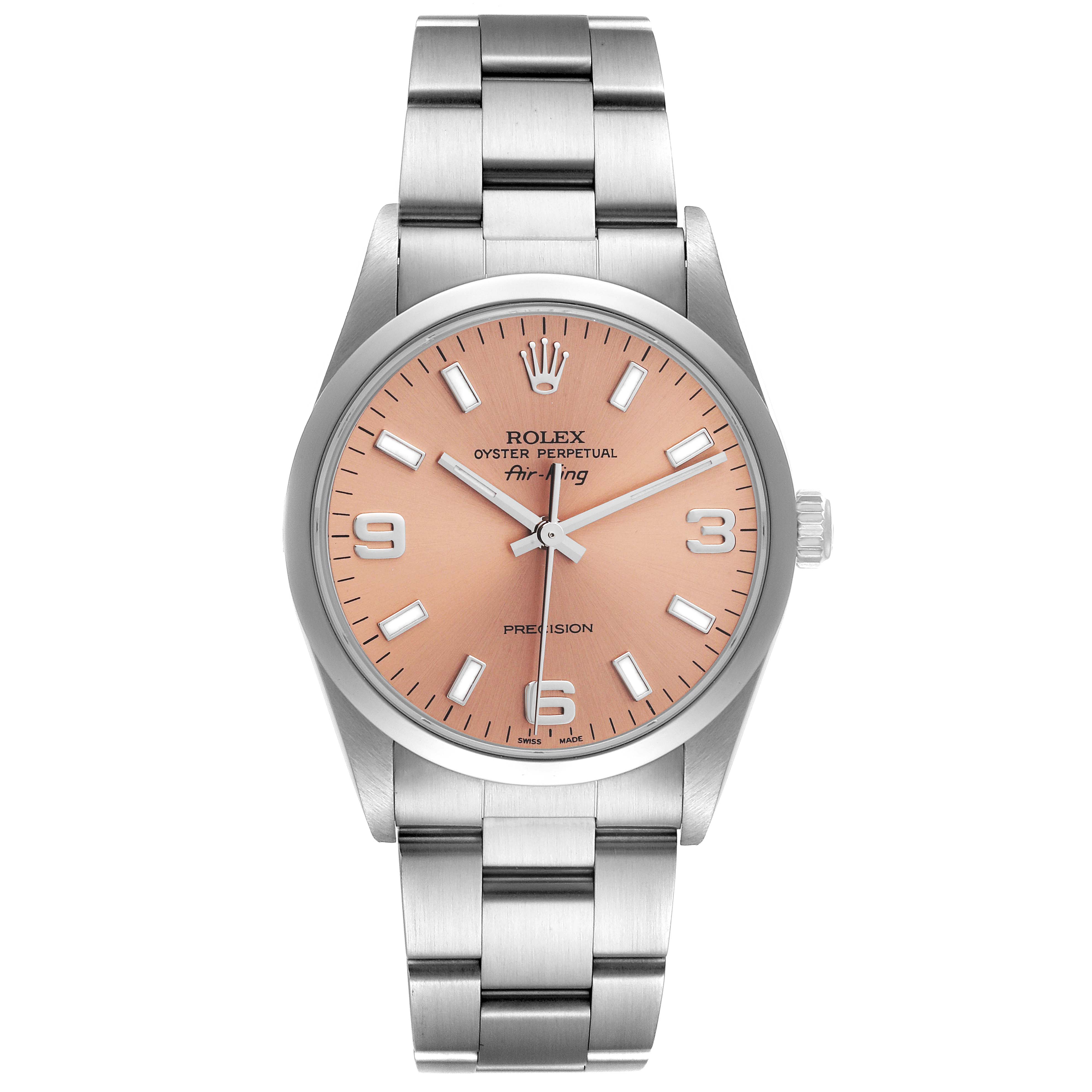 The image shows a front view of the Rolex Air-King 14000 Men's Stainless Steel Pink Dial 14000 Men's Stainless Steel Pink Dial model, featuring the watch face and metal bracelet.