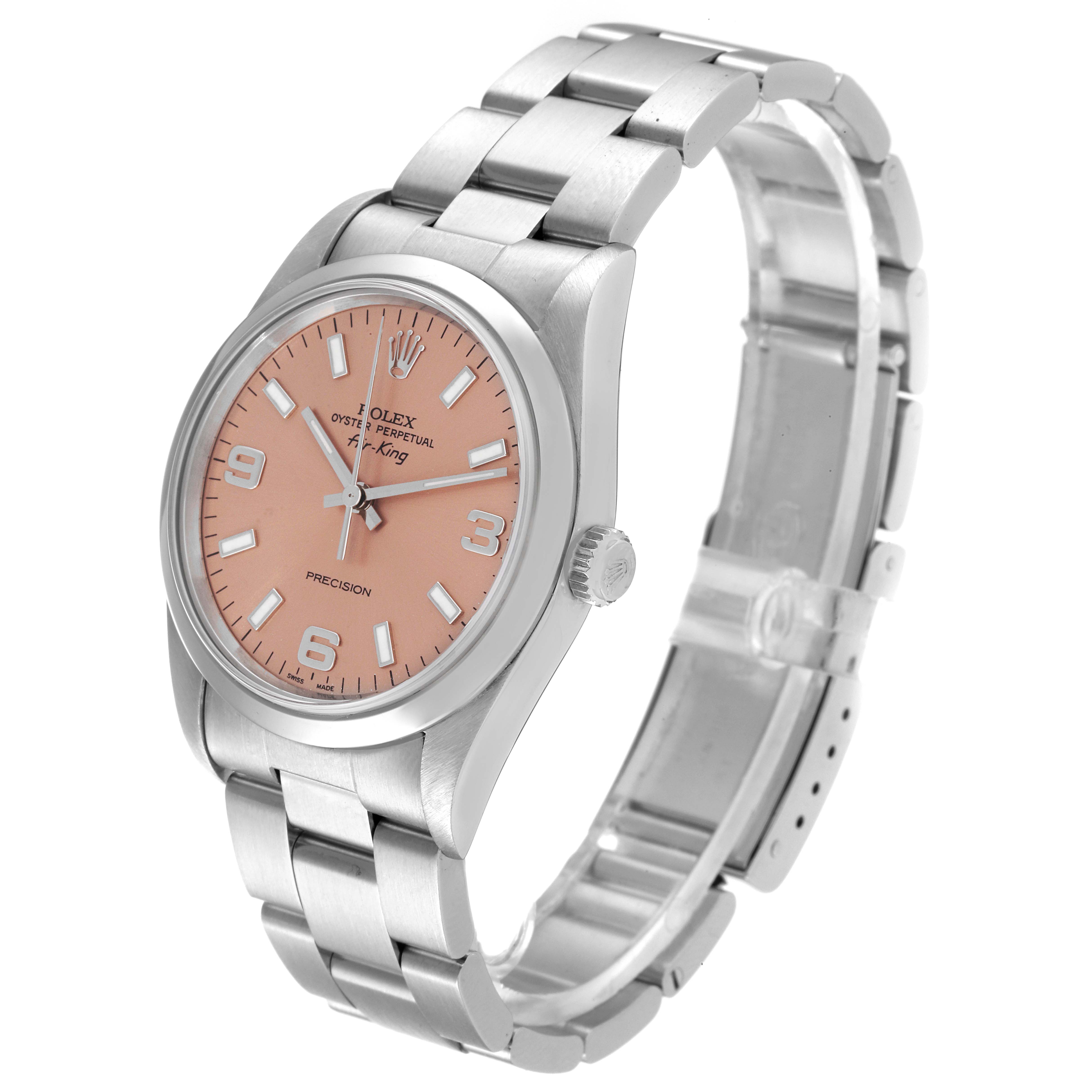 The Rolex Air-King 14000 Men's Stainless Steel Pink Dial 14000 Men's Stainless Steel Pink Dial watch is shown at a three-quarter angle, displaying the dial, crown, and part of the bracelet.