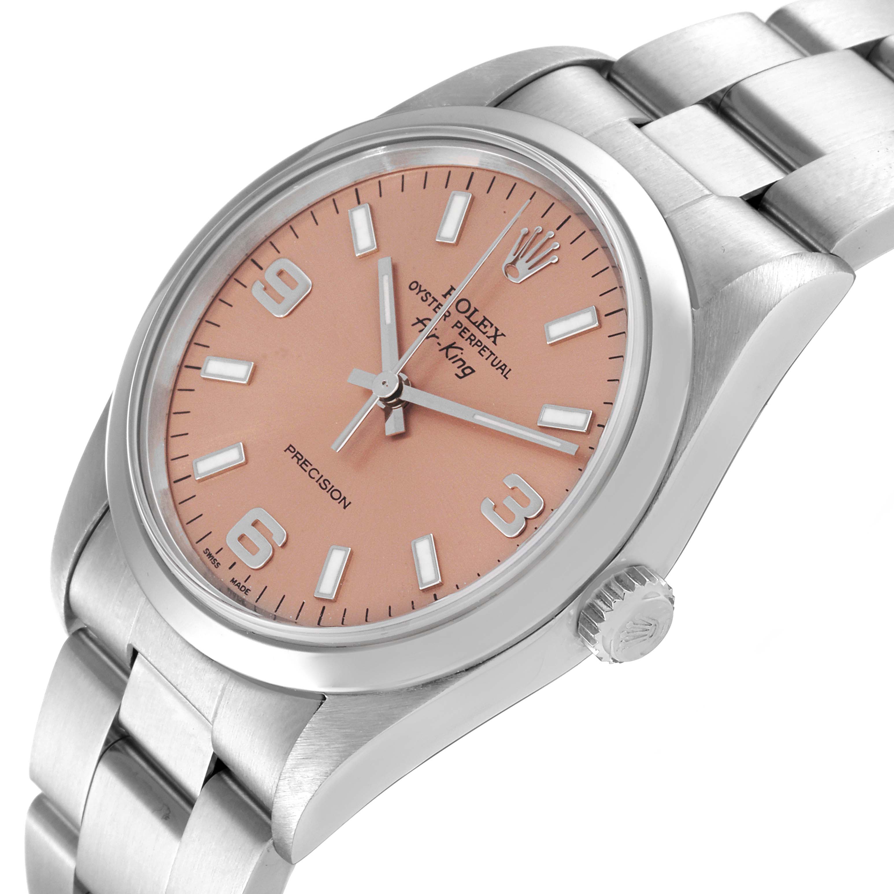 The image shows a Rolex Air-King 14000 Men's Stainless Steel Pink Dial 14000 Men's Stainless Steel Pink Dial watch at an angled view, highlighting the dial, bezel, crown, and part of the bracelet.