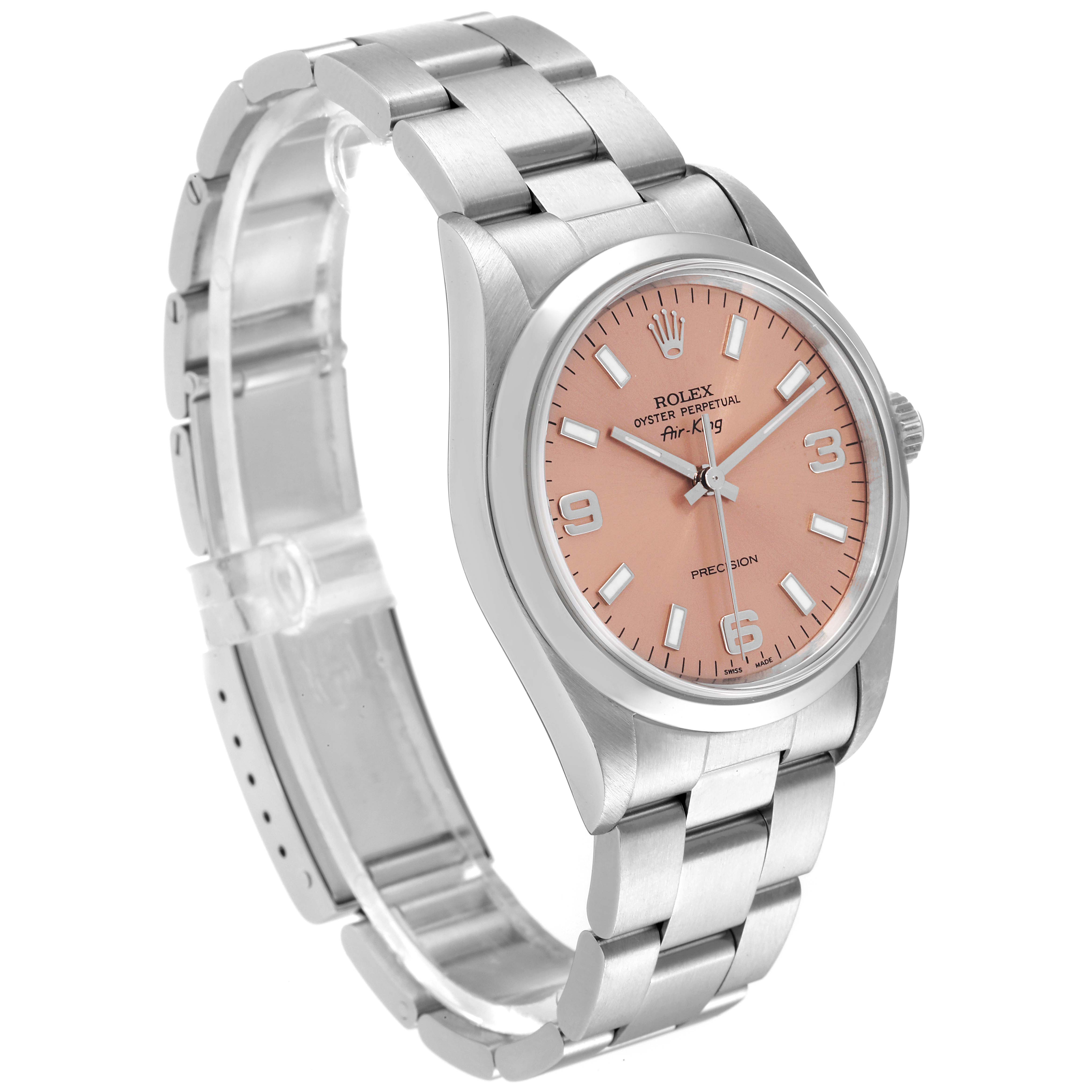 The image shows a Rolex Air-King 14000 Men's Stainless Steel Pink Dial 14000 Men's Stainless Steel Pink Dial watch at a three-quarter angle featuring a pink dial and silver bracelet.