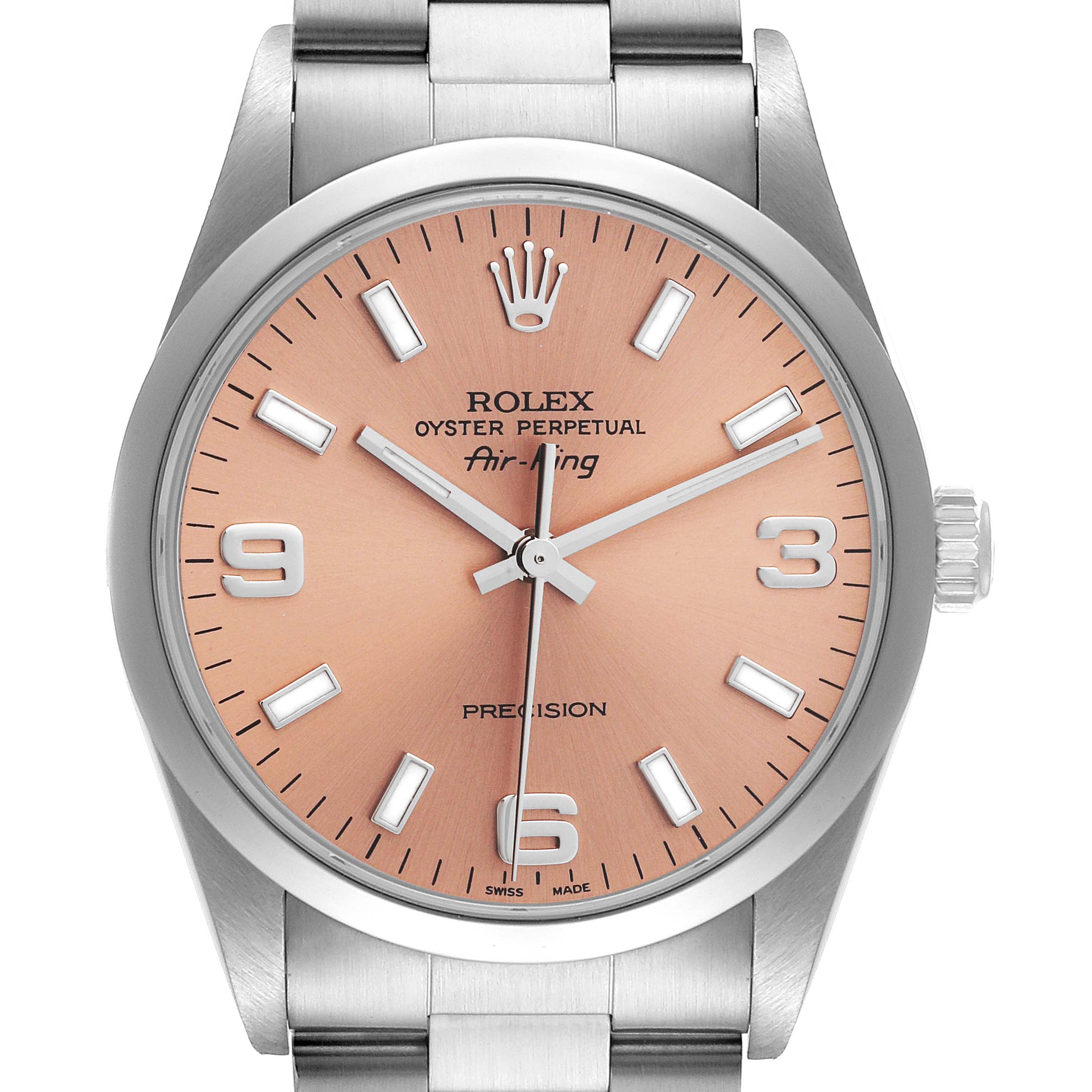 This image shows a front view of a Rolex Air-King 14000 Men's Stainless Steel Pink Dial 14000 Men's Stainless Steel Pink Dial watch, highlighting its orange dial, silver hands, markers, and full stainless steel bracelet.