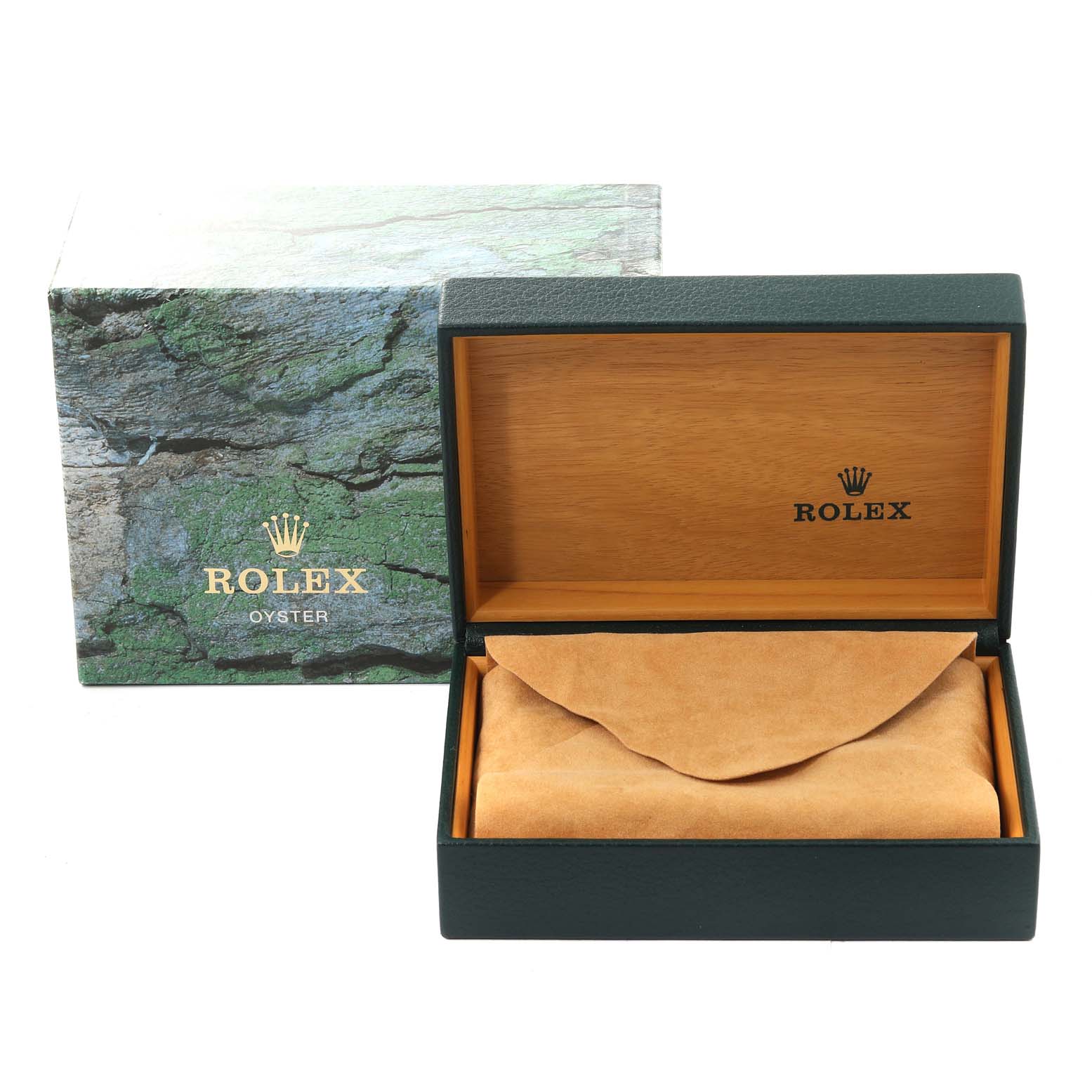 The image shows a Rolex Air-King 14000 Men's Stainless Steel Pink Dial 14000 Men's Stainless Steel Pink Dial box set, including the outer box and the inner wooden presentation box with a suede cover.