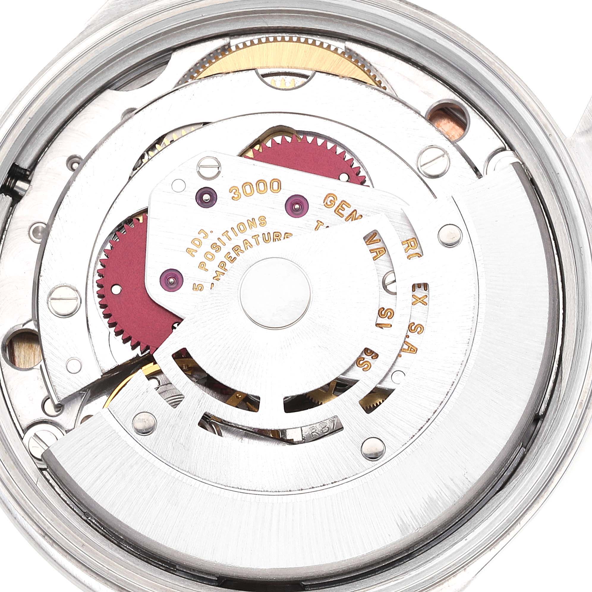 This image displays the internal mechanical movement of a Rolex Air-King 14000 Men's Stainless Steel Pink Dial 14000 Men's Stainless Steel Pink Dial watch, showing gears and the rotor.