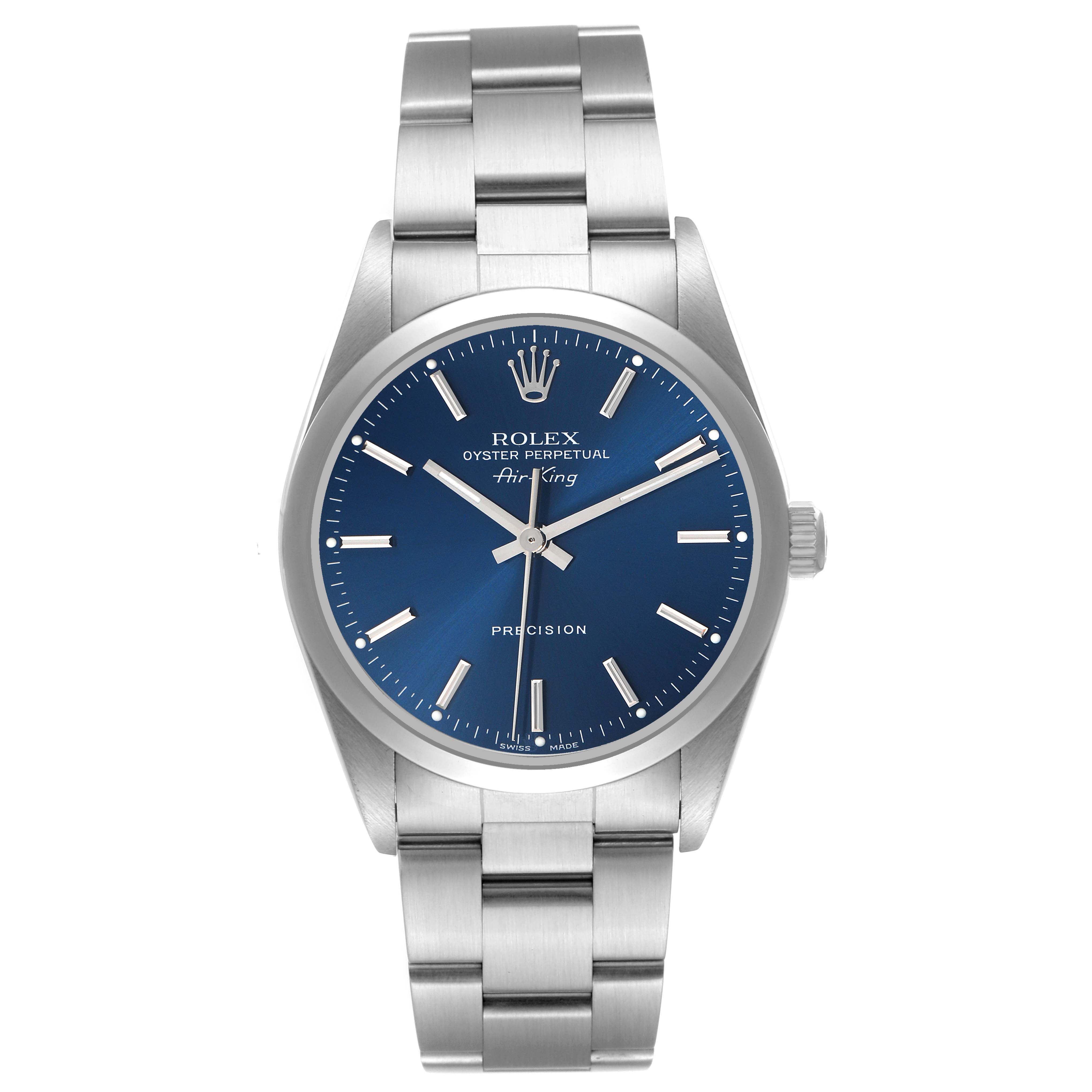 The Rolex Air-King 14000 Men's Stainless Steel Blue Dial watch is shown from a front angle, displaying the blue dial, hands, hour markers, bezel, and bracelet.