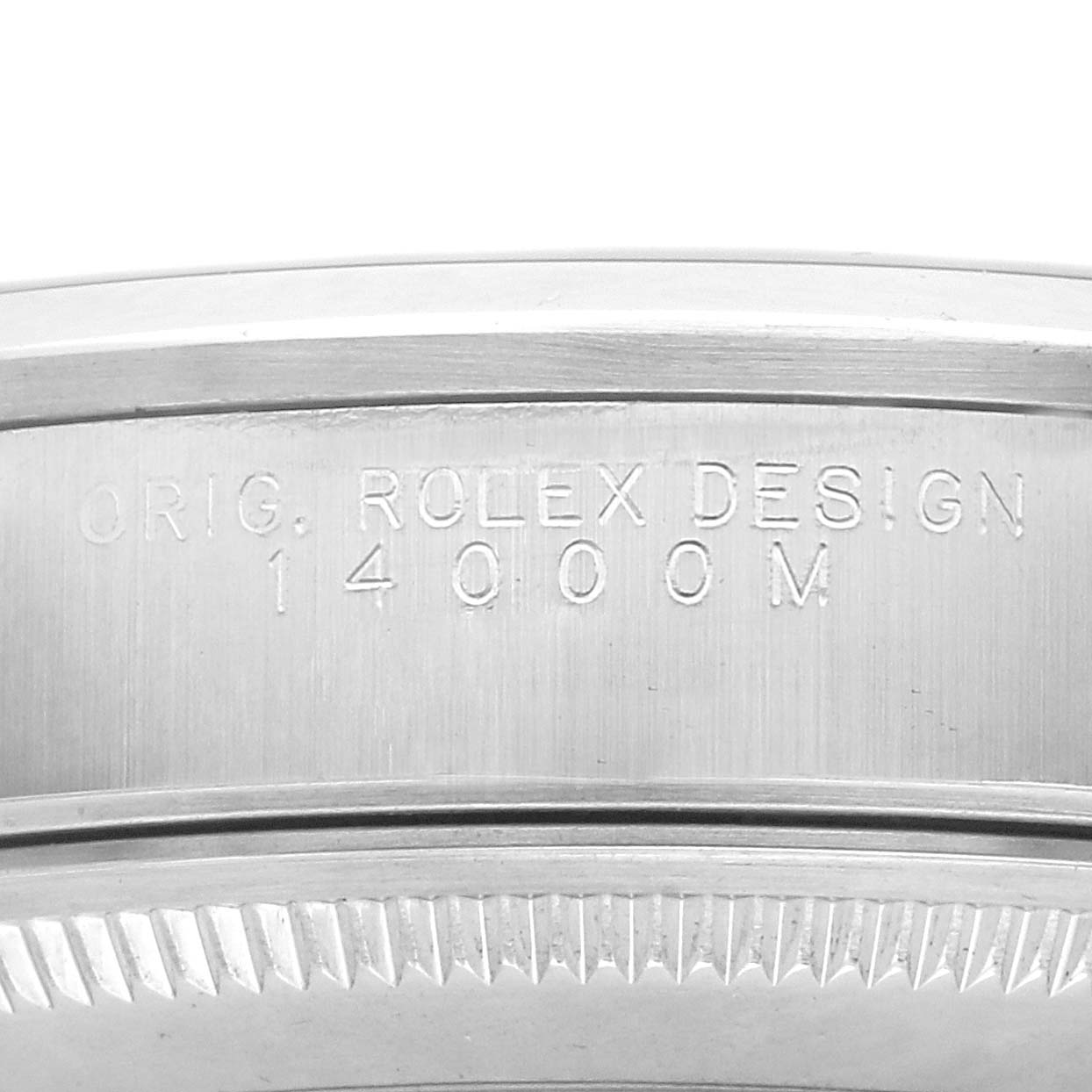 The image shows a close-up of the side of a Rolex Air-King 14000 Men's Stainless Steel Blue Dial watch, highlighting the engraved model and design number.