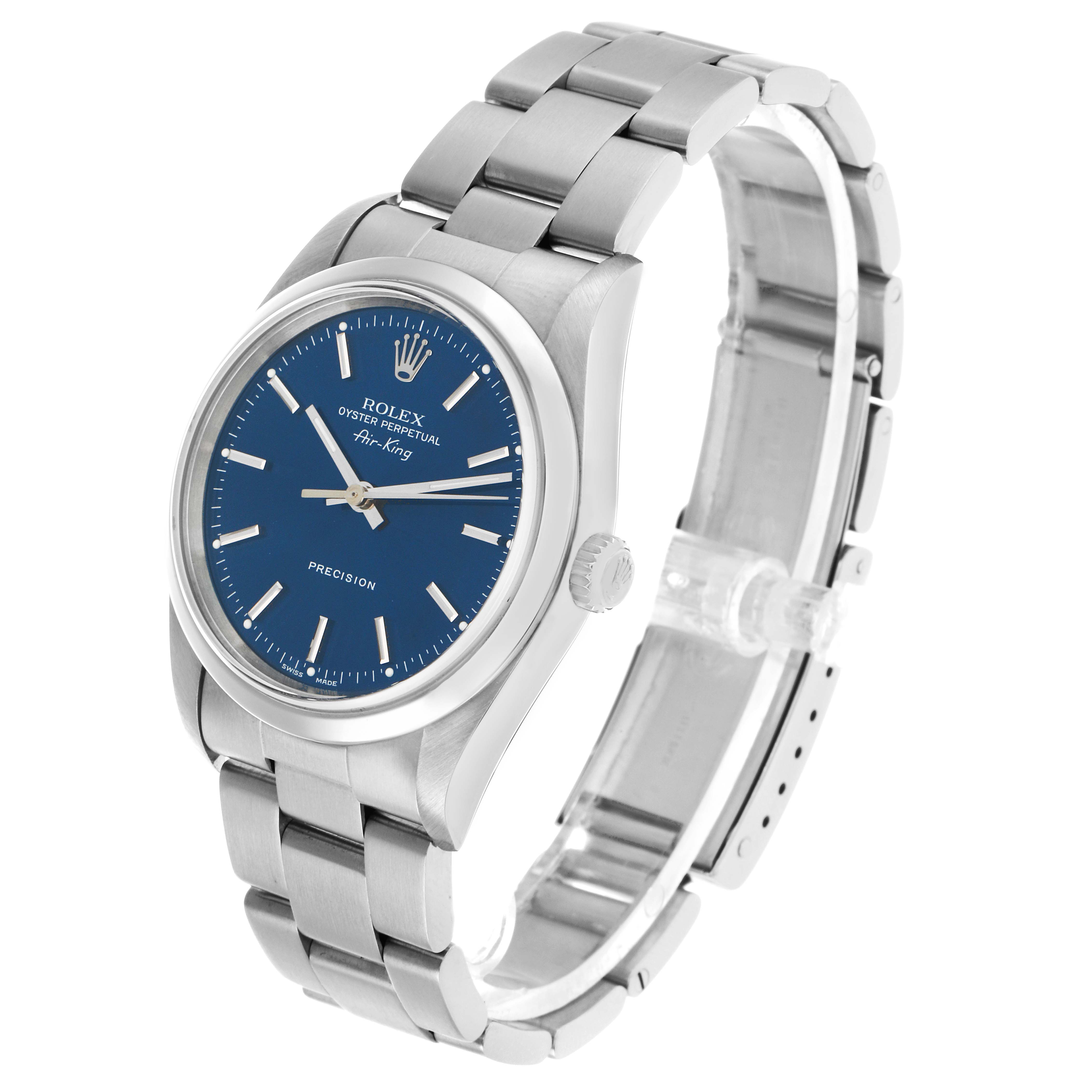 The Rolex Air-King 14000 Men's Stainless Steel Blue Dial watch is shown at a three-quarter angle, displaying its bracelet, dial, and case clearly.