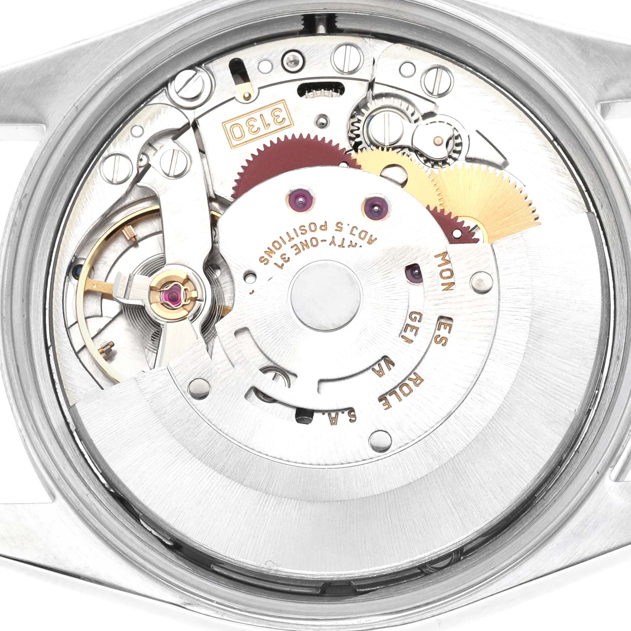 The image shows the internal movement of a Rolex Air-King 14000 Men's Stainless Steel Blue Dial watch from a top-down angle, highlighting gears and components.