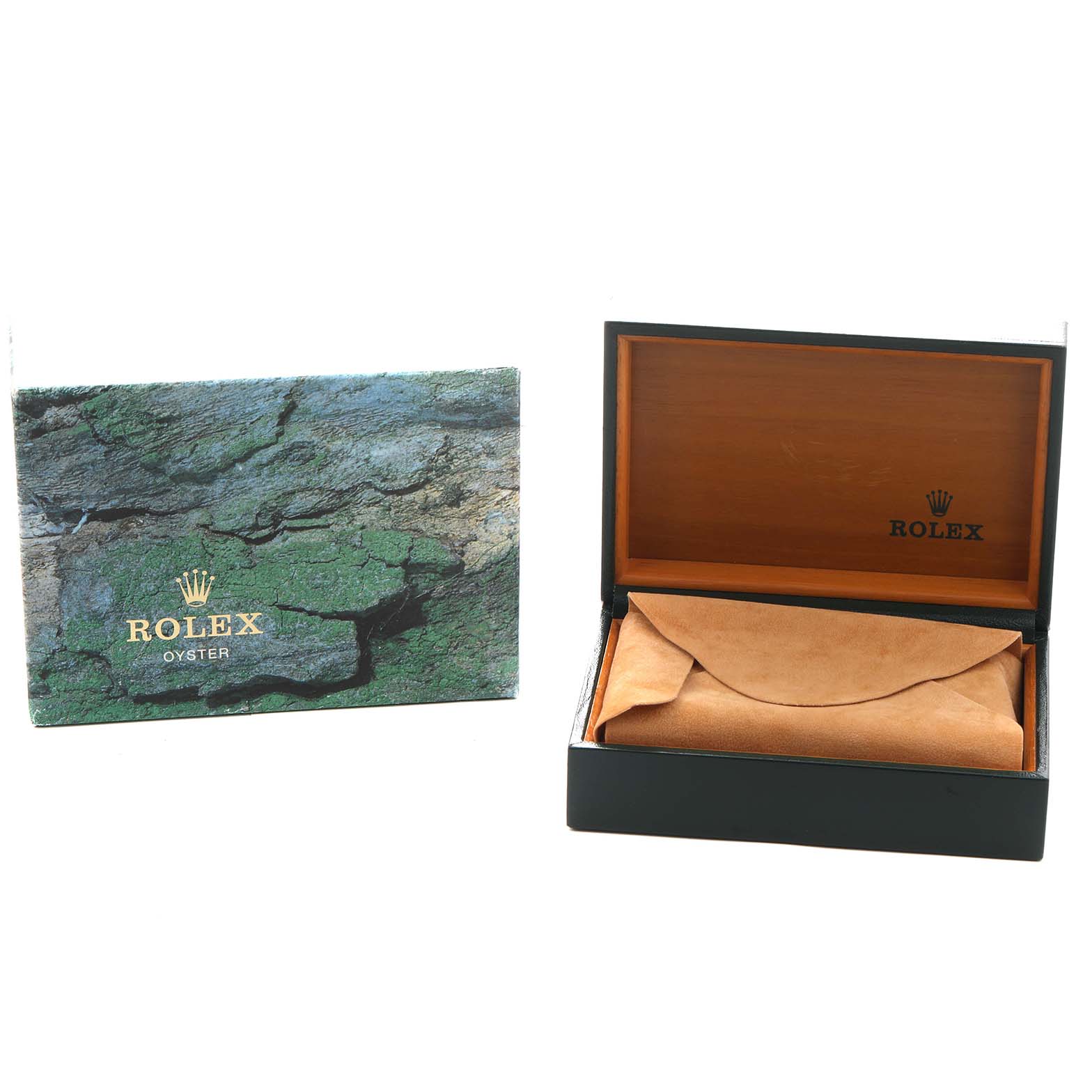 The image shows a Rolex Air-King 14000 Men's Stainless Steel Blue Dial box and an open watch case with a cushion inside.