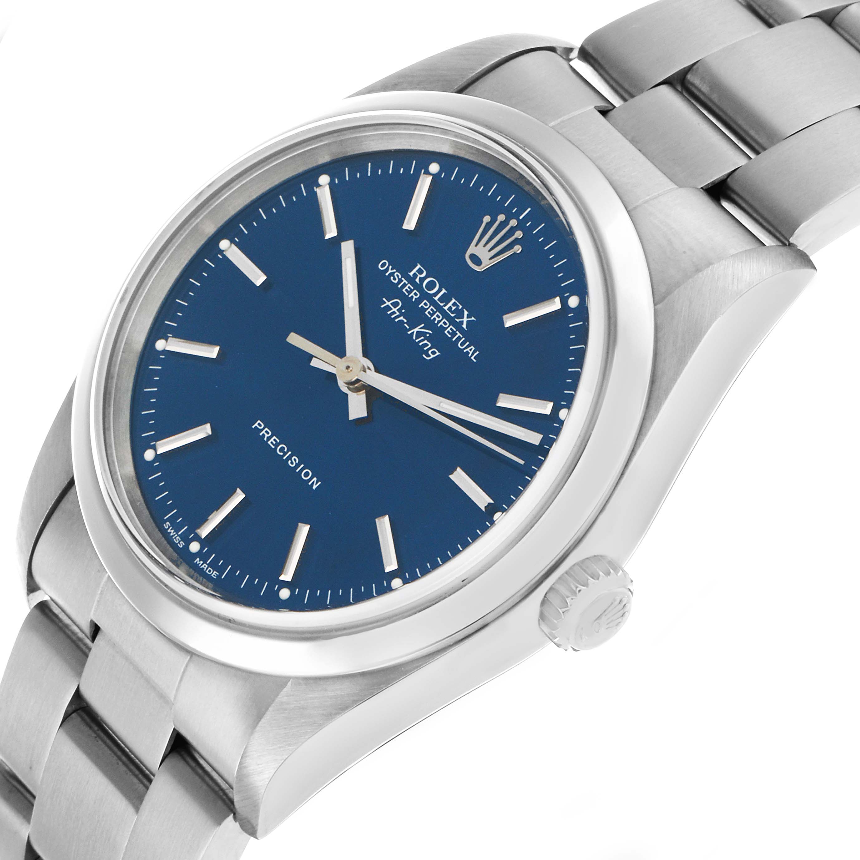 The Rolex Air-King 14000 Men's Stainless Steel Blue Dial is shown at an angle highlighting the dial, bezel, crown, and part of the bracelet.