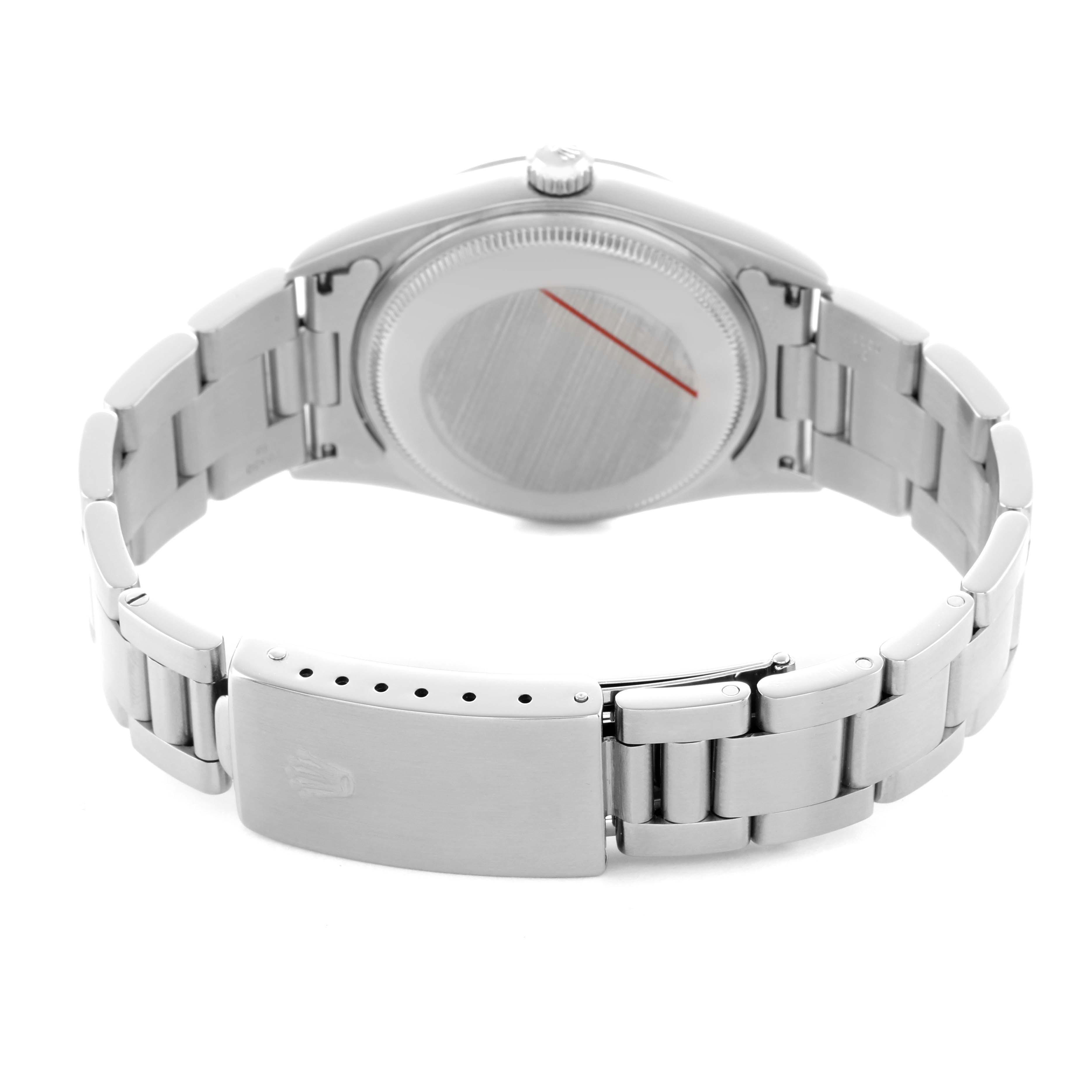 The image shows the back of the Rolex Air-King 14000 Men's Stainless Steel Blue Dial, highlighting its case back and bracelet clasp.