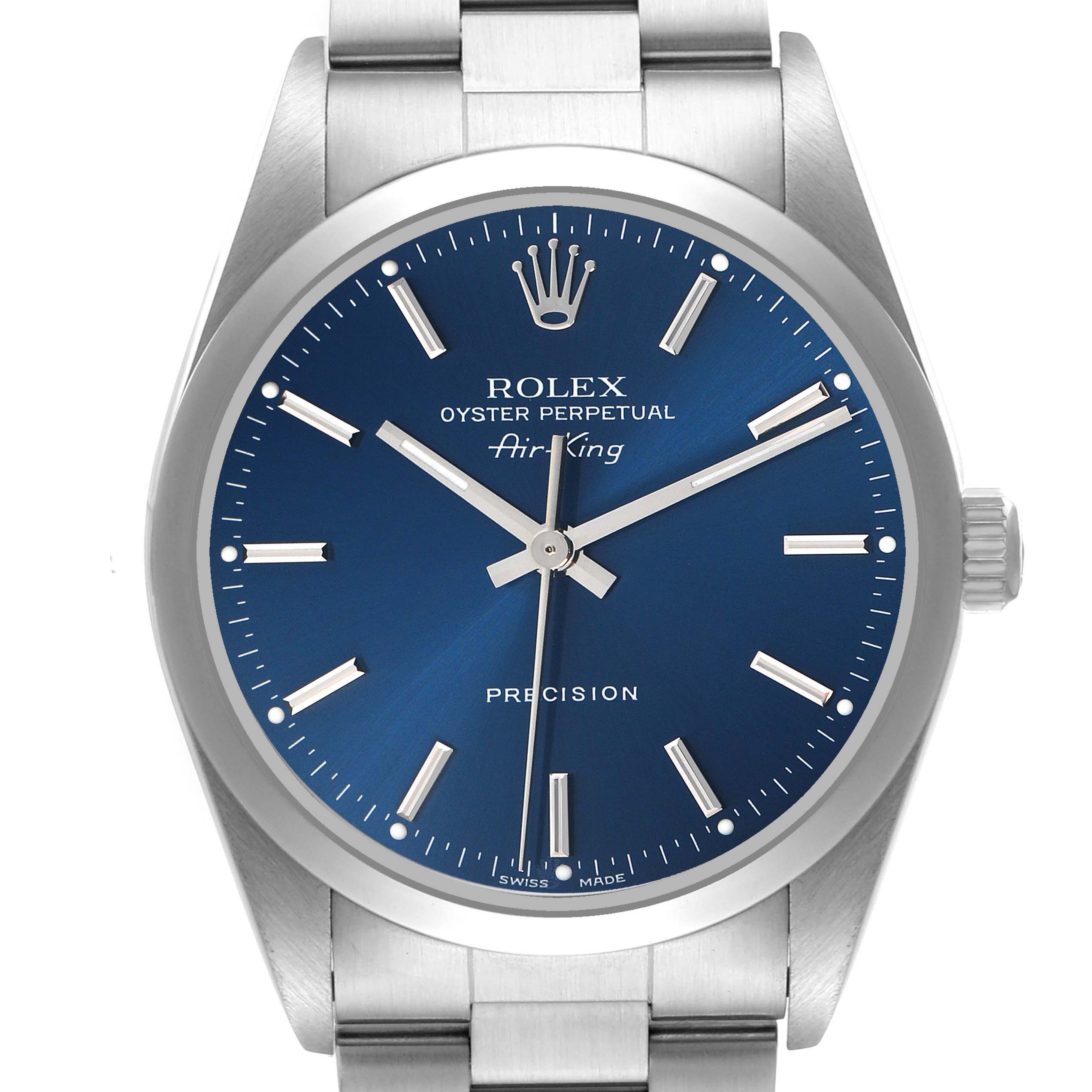 The Rolex Air-King 14000 Men's Stainless Steel Blue Dial watch is shown from the front, highlighting the dial, bezel, crown, and part of the bracelet.