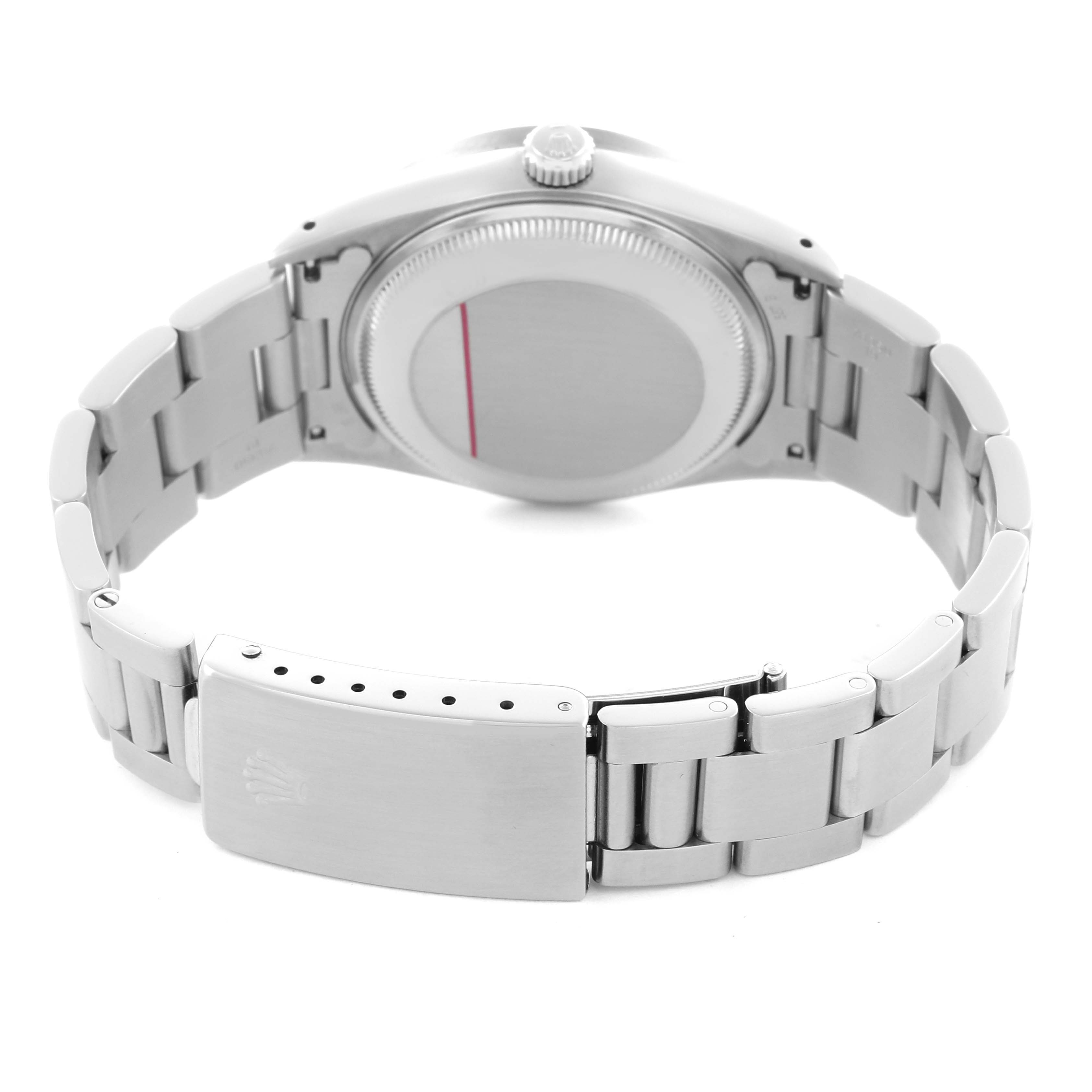 The image shows the back and clasp of a Rolex Air-King 14010 Men's Stainless Steel Blue Dial 14010 Men's Stainless Steel Blue Dial watch with a partially open bracelet.