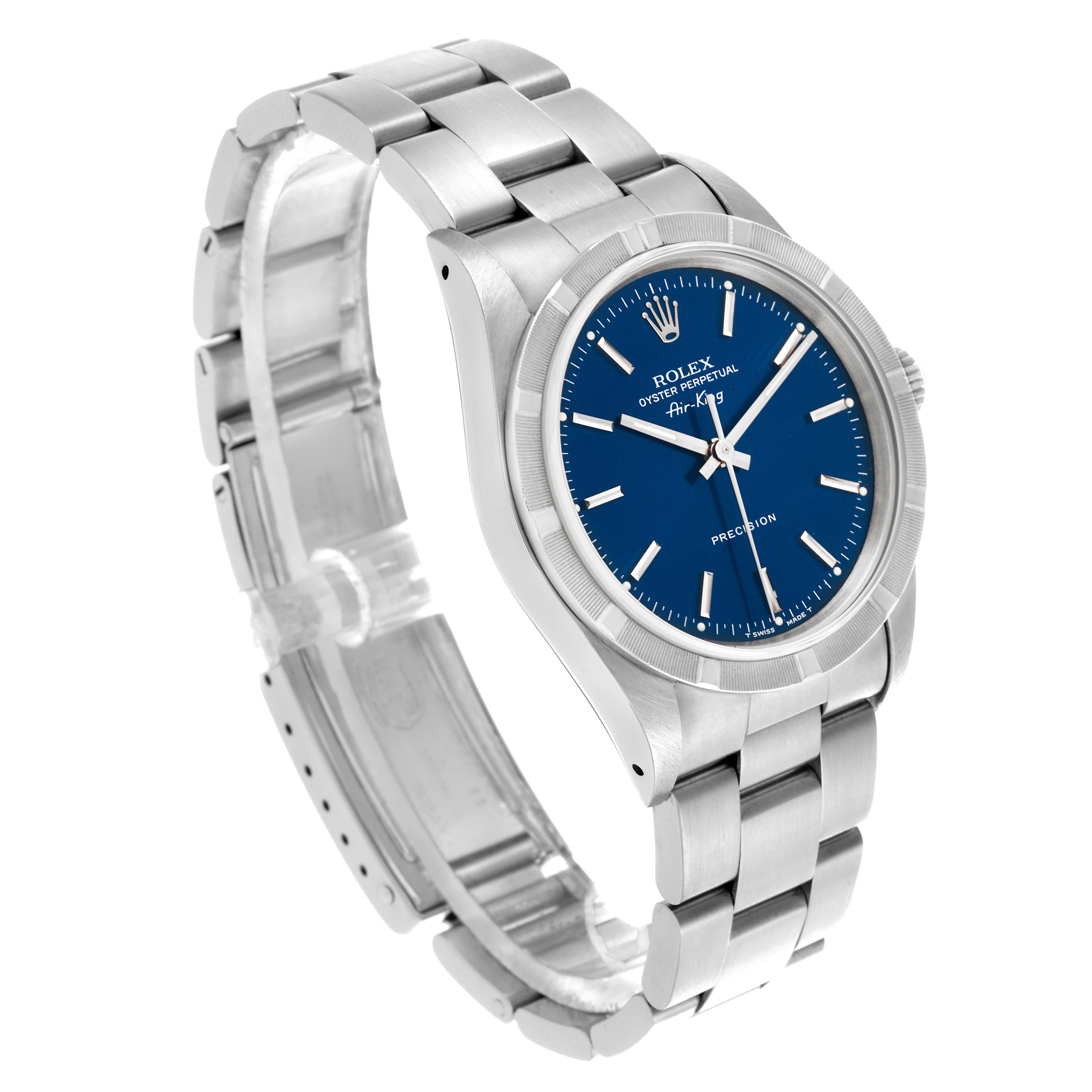 The Rolex Air-King 14010 Men's Stainless Steel Blue Dial 14010 Men's Stainless Steel Blue Dial watch is shown at a three-quarter angle, displaying the blue dial, bezel, and stainless steel bracelet.