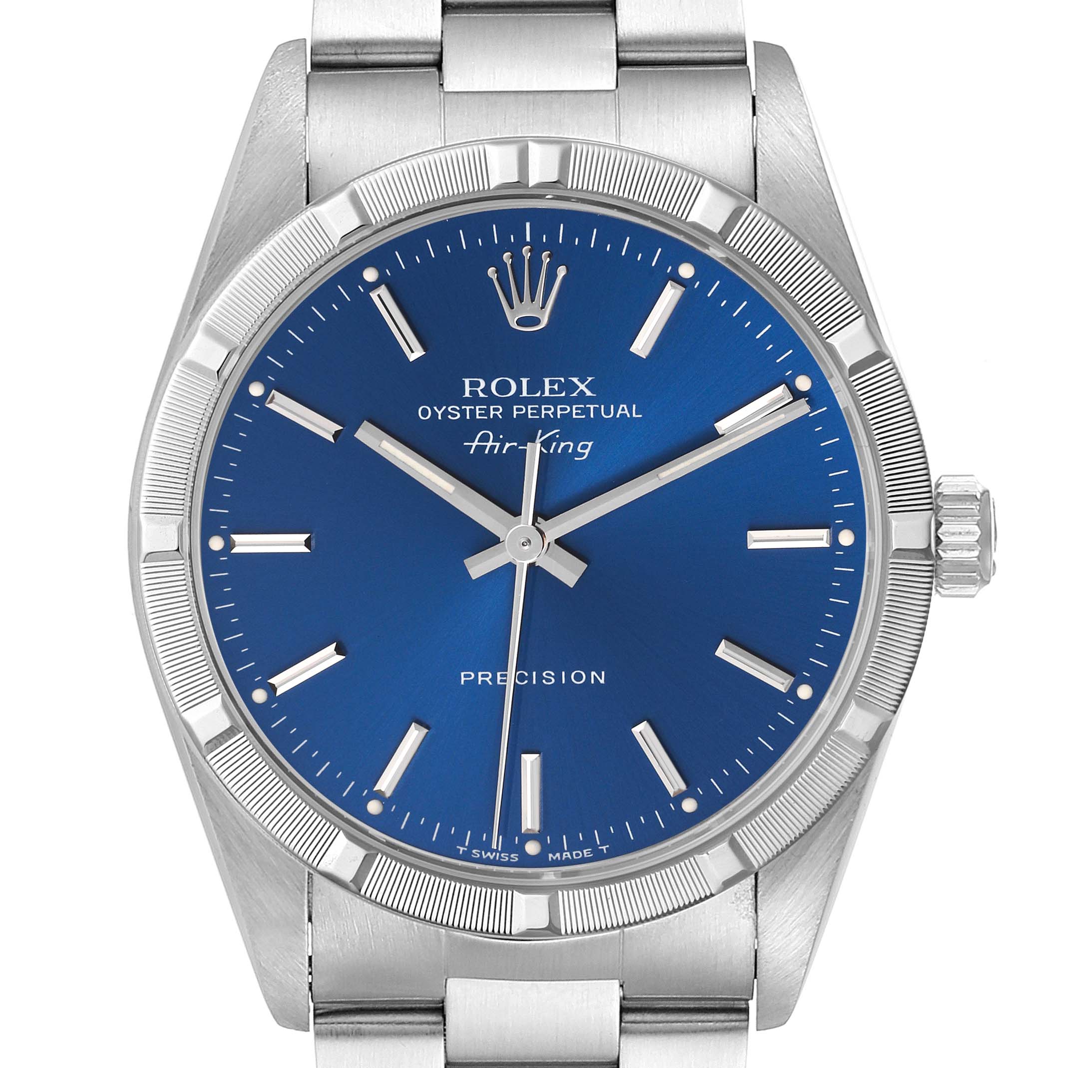 The Rolex Air-King 14010 Men's Stainless Steel Blue Dial 14010 Men's Stainless Steel Blue Dial watch is shown from a front angle, featuring the dial, bezel, crown, and part of the bracelet.
