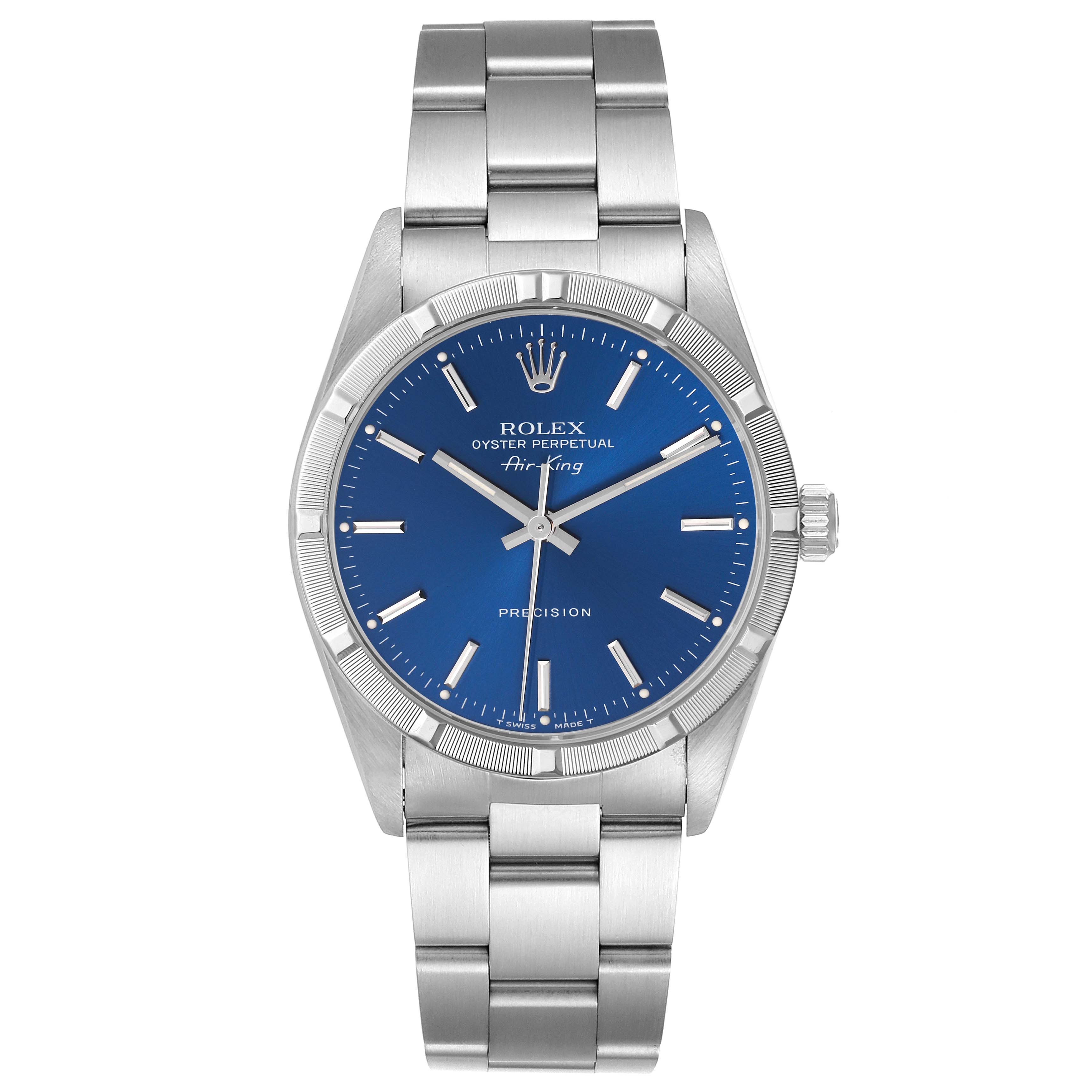 The Rolex Air-King 14010 Men's Stainless Steel Blue Dial 14010 Men's Stainless Steel Blue Dial watch is shown from a front view, displaying the full face, hands, and bracelet.