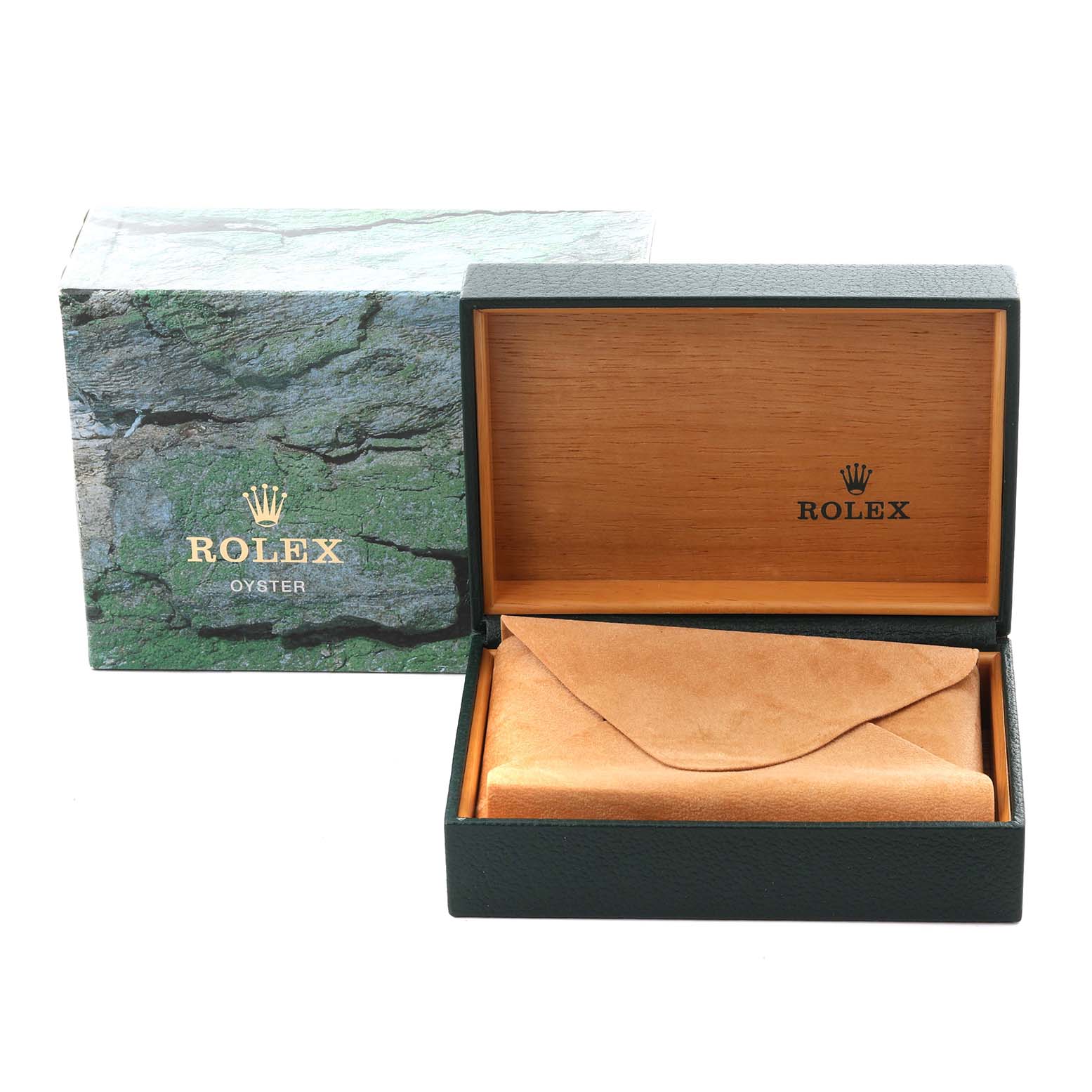 The image shows a Rolex Air-King 14010 Men's Stainless Steel Blue Dial 14010 Men's Stainless Steel Blue Dial watch box, featuring an open green and wood interior, with a suede pouch inside.
