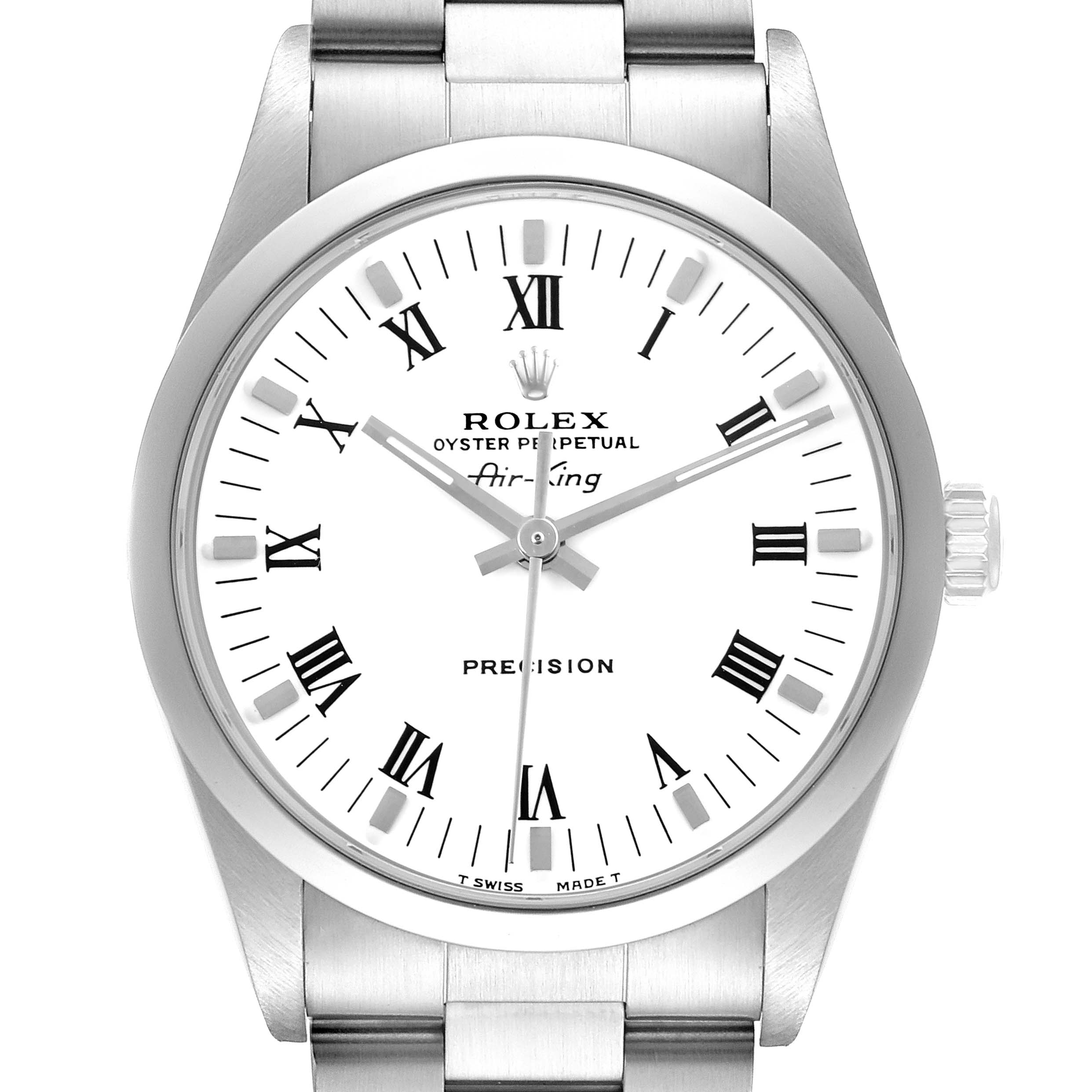 The watch is a Rolex Air-King 14000 Men's Stainless Steel White Dial 14000 Men's Stainless Steel White Dial, shown from the front, displaying the face, bezel, and part of the bracelet.