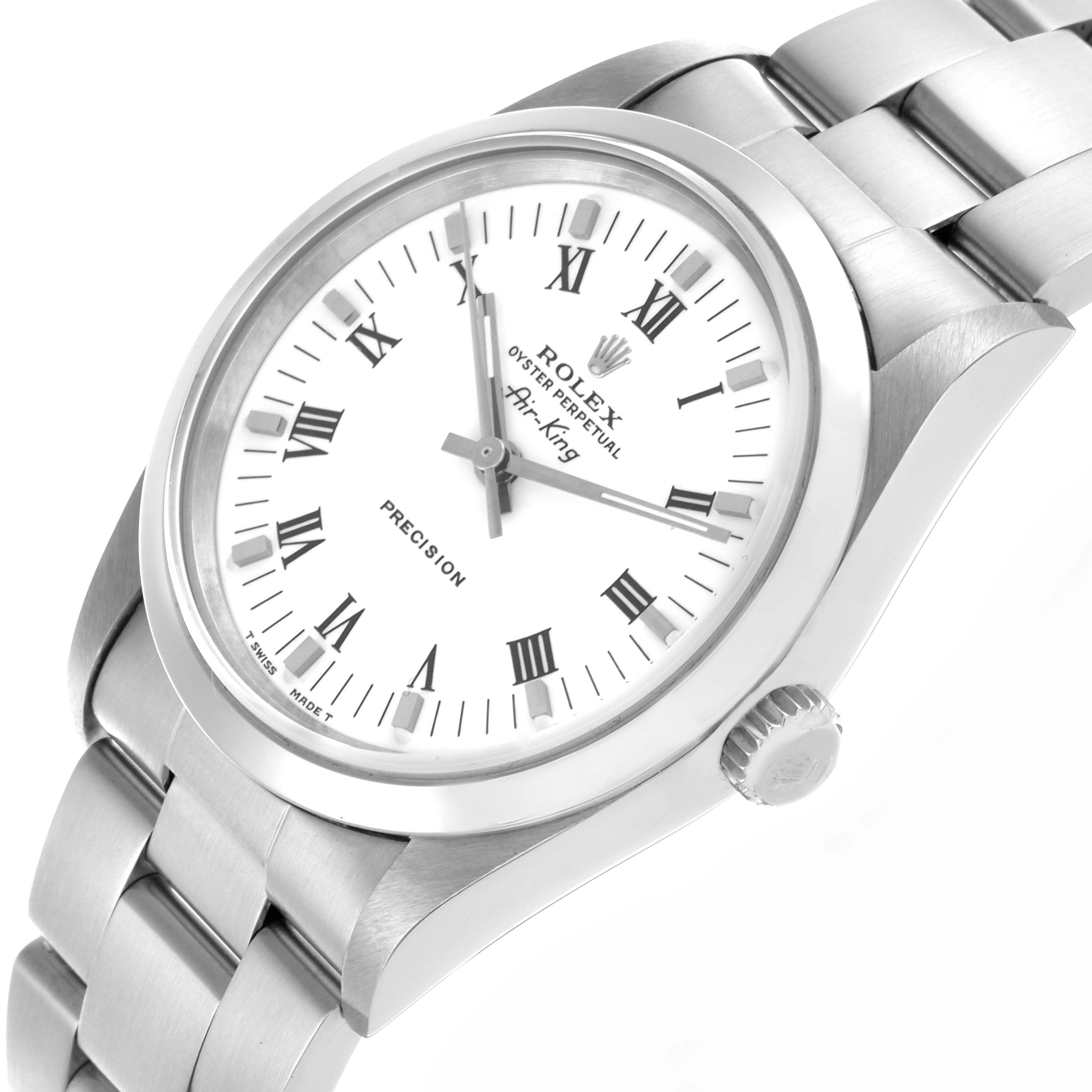The Rolex Air-King 14000 Men's Stainless Steel White Dial 14000 Men's Stainless Steel White Dial watch is shown at a tilted angle highlighting the face, crown, and stainless steel bracelet.