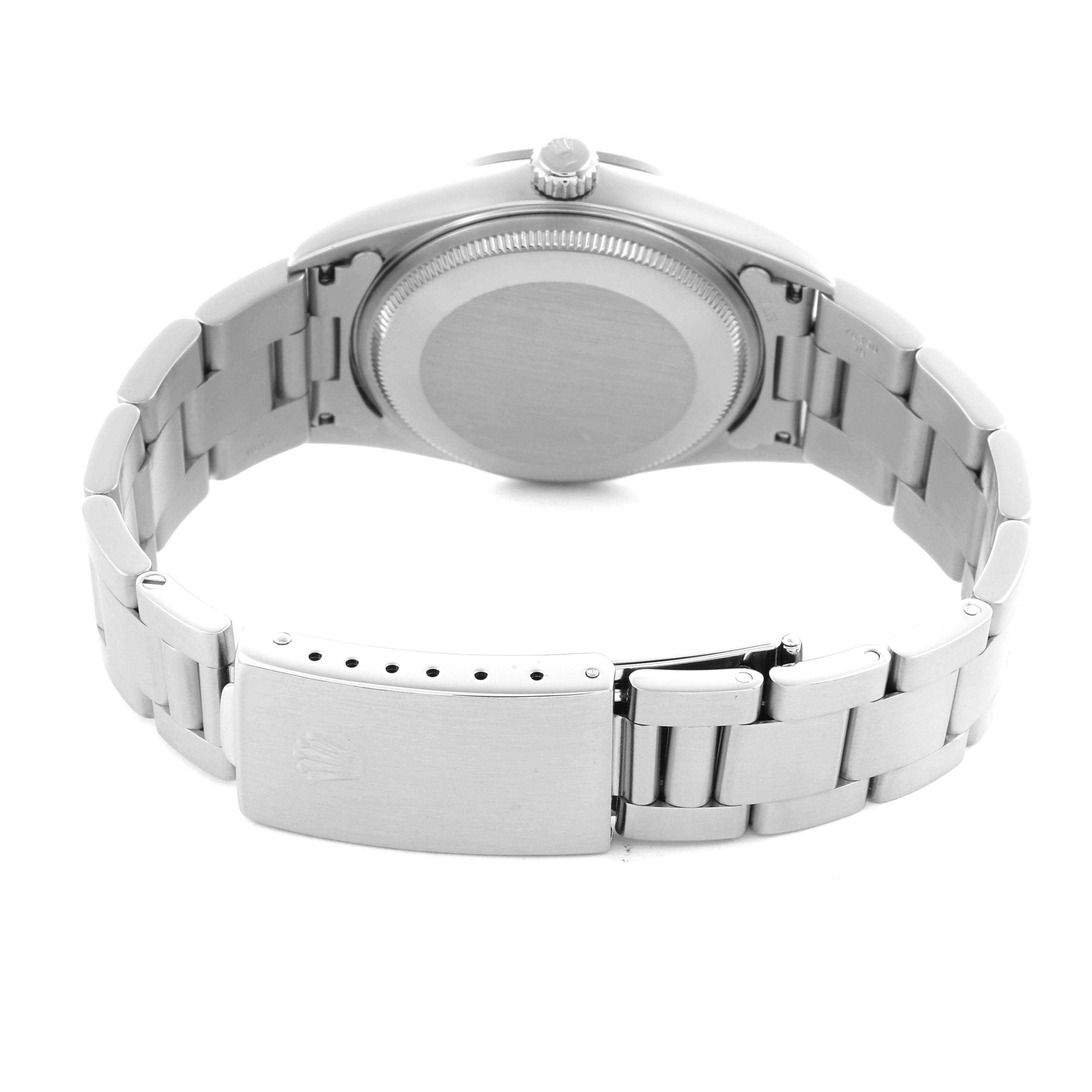 The image shows the back and clasp of the Rolex Air-King 14000 Men's Stainless Steel White Dial 14000 Men's Stainless Steel White Dial watch from a rear angle.