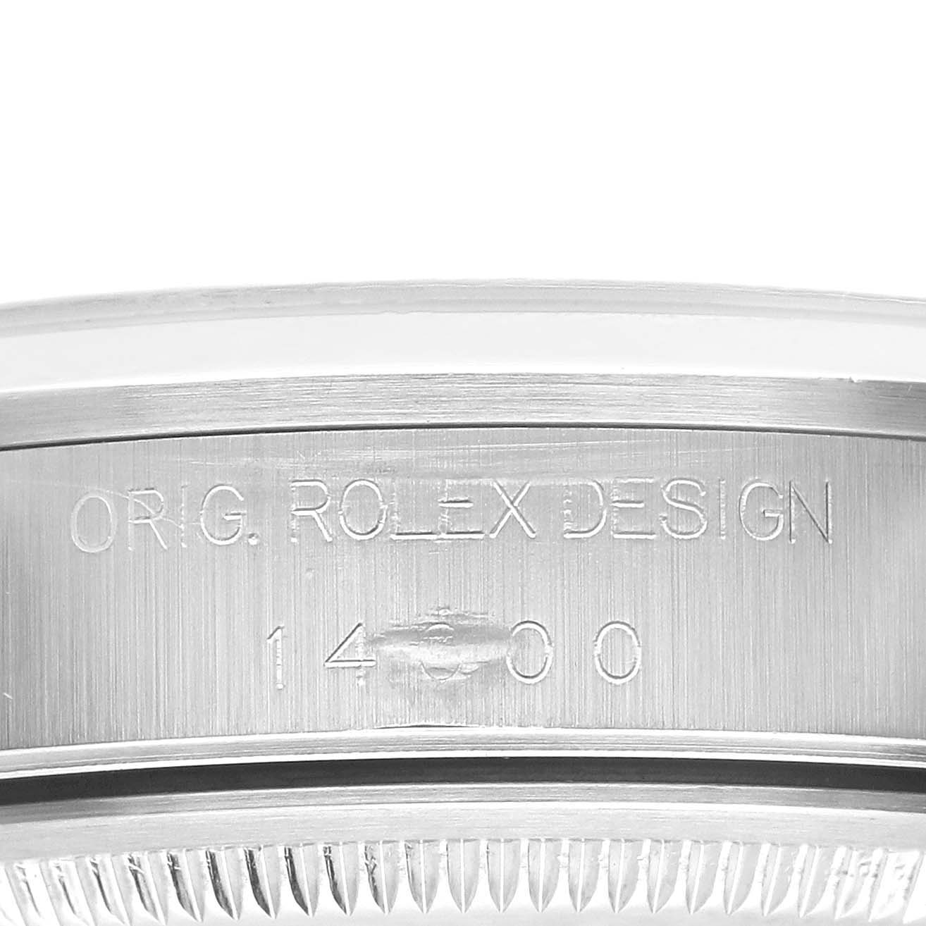 The image shows the side view of the Rolex Air-King 14000 Men's Stainless Steel White Dial 14000 Men's Stainless Steel White Dial case with engraved model details.