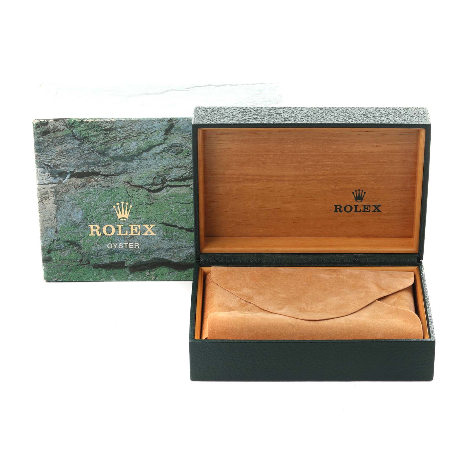 The image shows the packaging and a suede pouch for the Rolex Air-King 14000 Men's Stainless Steel White Dial 14000 Men's Stainless Steel White Dial watch.