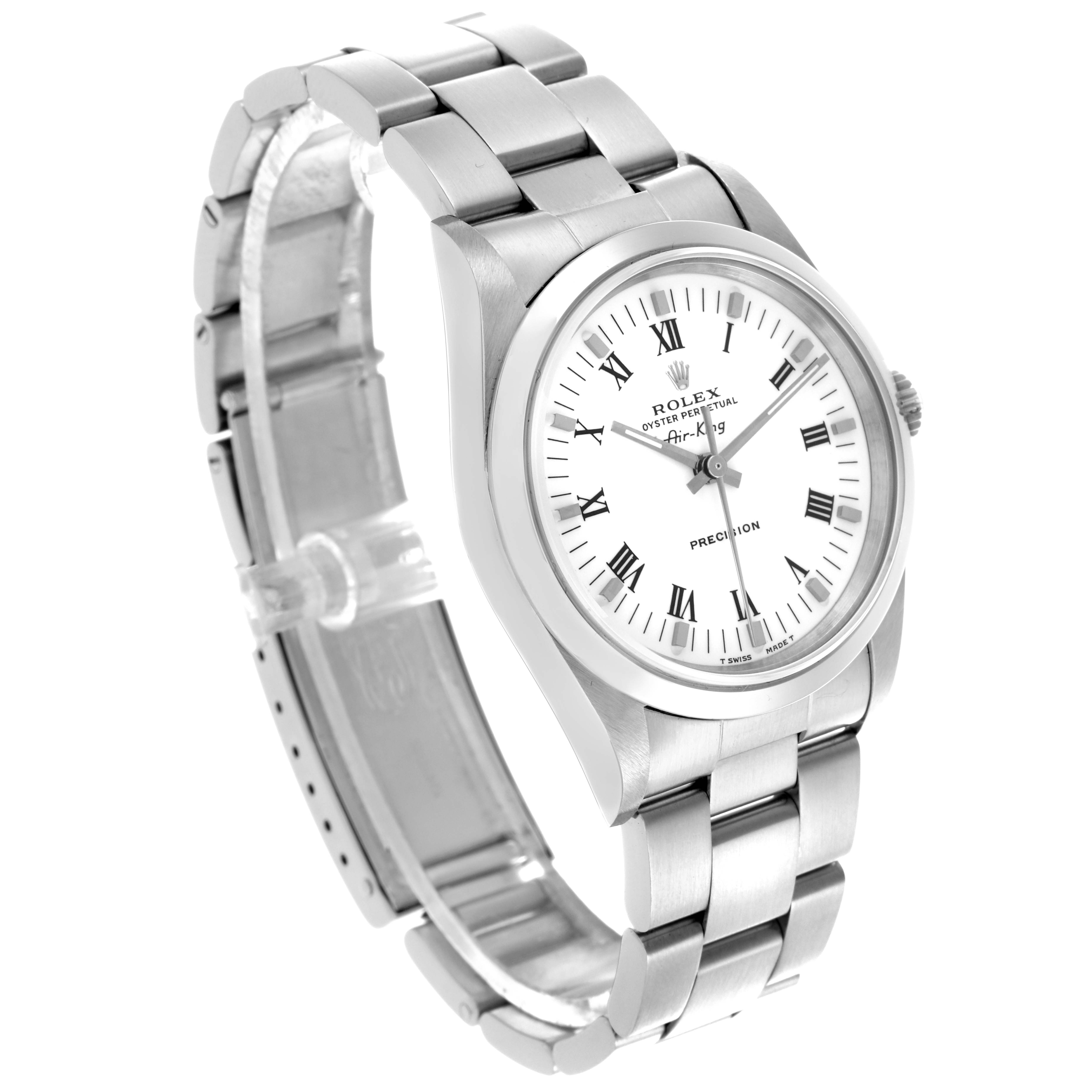 The Rolex Air-King 14000 Men's Stainless Steel White Dial 14000 Men's Stainless Steel White Dial watch is shown at an angled side view, displaying the face, bezel, and bracelet.