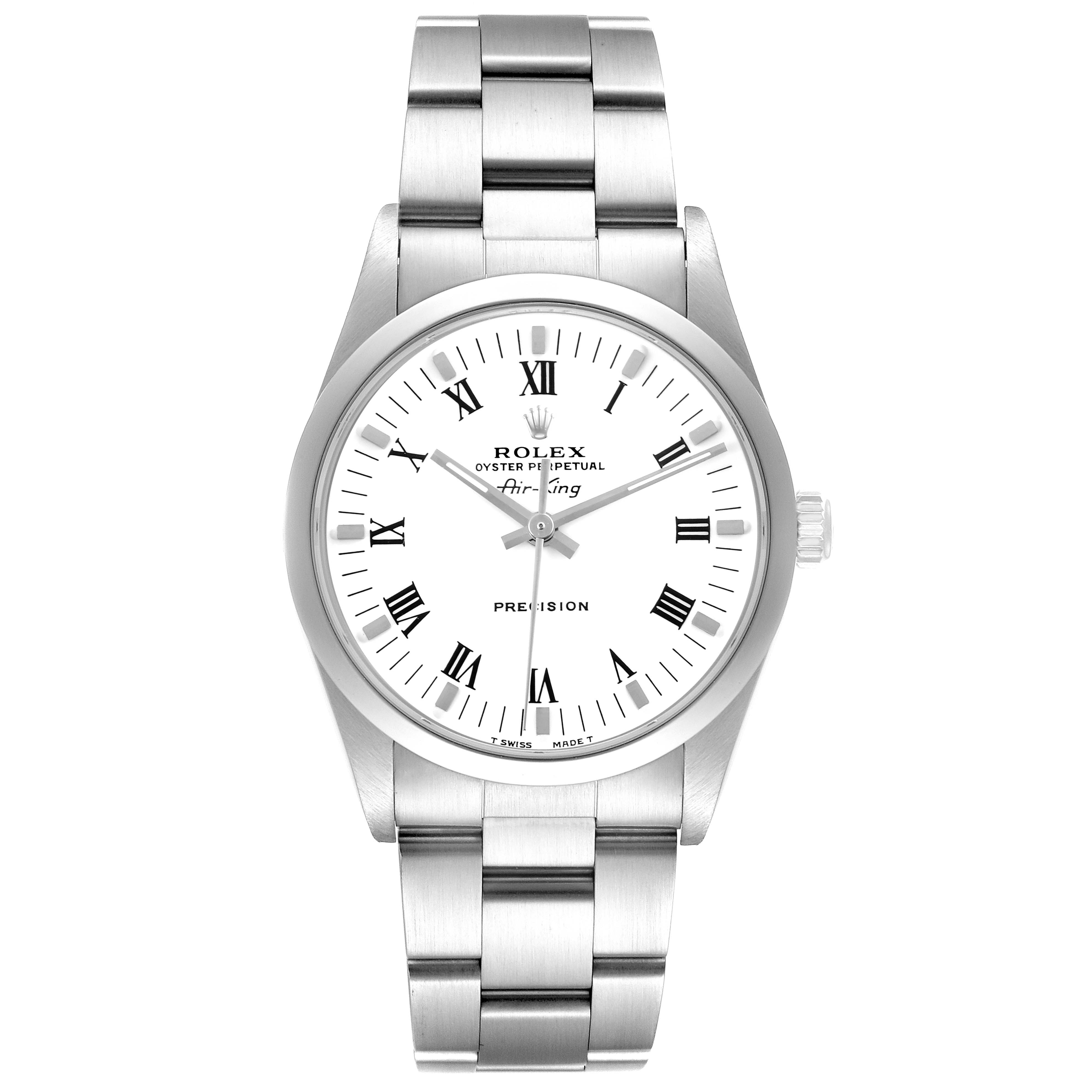 The Rolex Air-King 14000 Men's Stainless Steel White Dial 14000 Men's Stainless Steel White Dial watch is shown from a top-down angle, displaying the face, bezel, and bracelet.