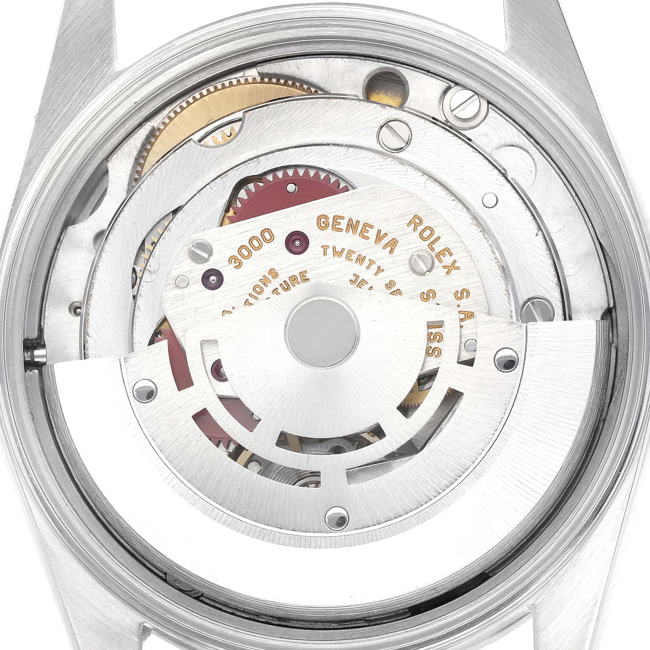 The image shows the movement and internal components of the Rolex Air-King 14000 Men's Stainless Steel White Dial 14000 Men's Stainless Steel White Dial watch from a rear angle.
