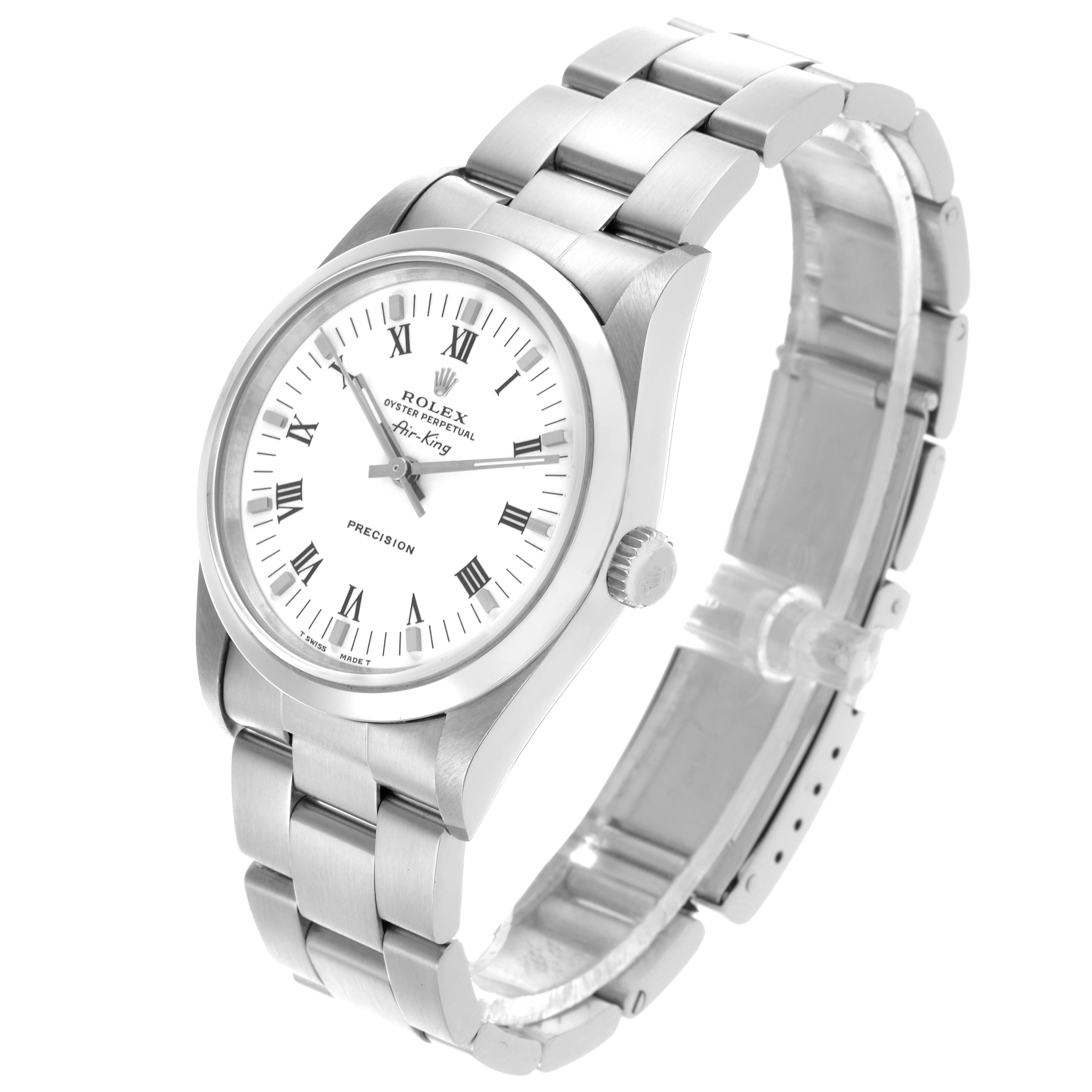 The Rolex Air-King 14000 Men's Stainless Steel White Dial 14000 Men's Stainless Steel White Dial watch is shown at a slight angle, displaying the face, crown, bezel, and bracelet.