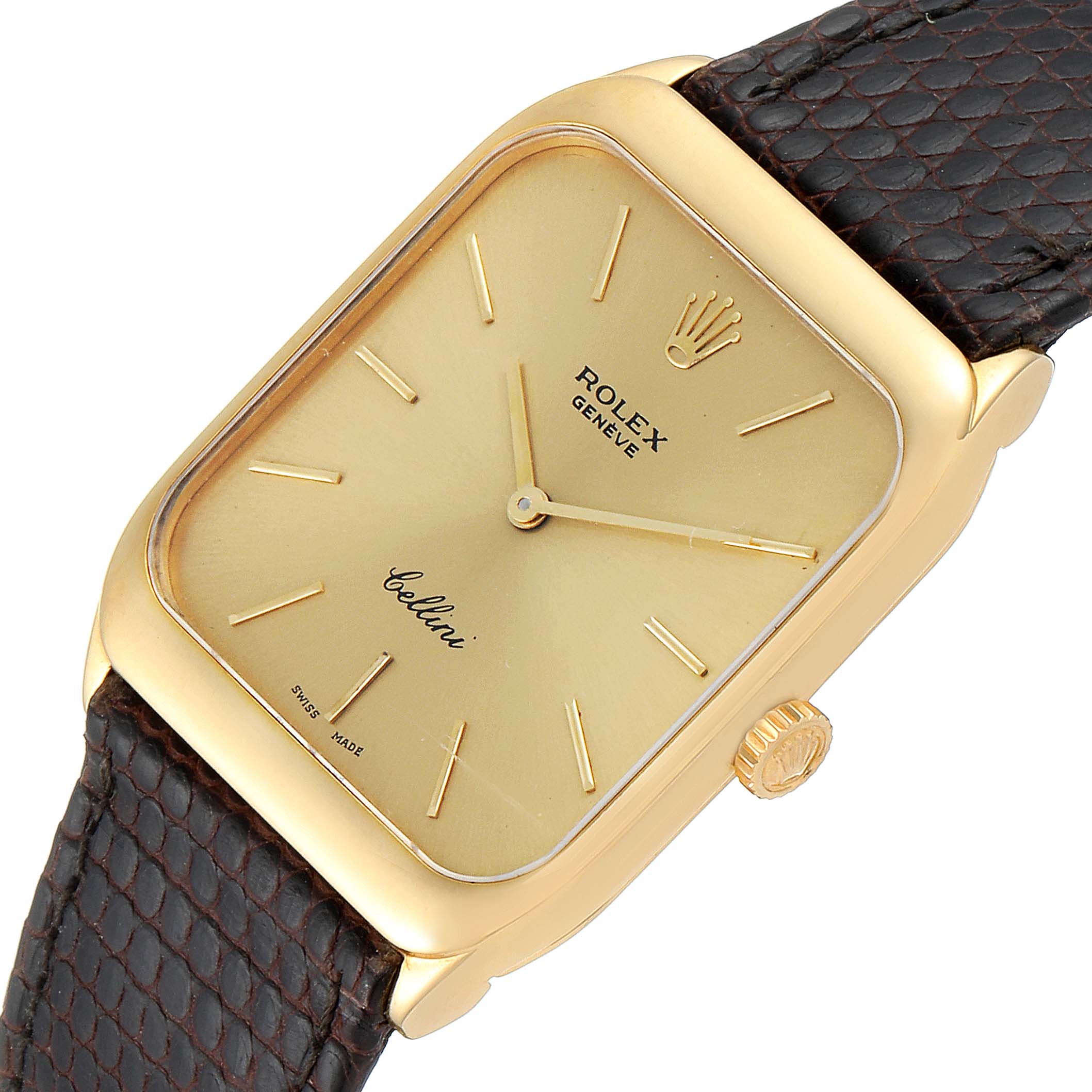 The Rolex Cellini 4135 Men's Yellow Gold Champagne Dial 4135 Men's Yellow Gold Champagne Dial watch is shown from a top angle, highlighting its gold face, rectangular case, and brown leather strap.