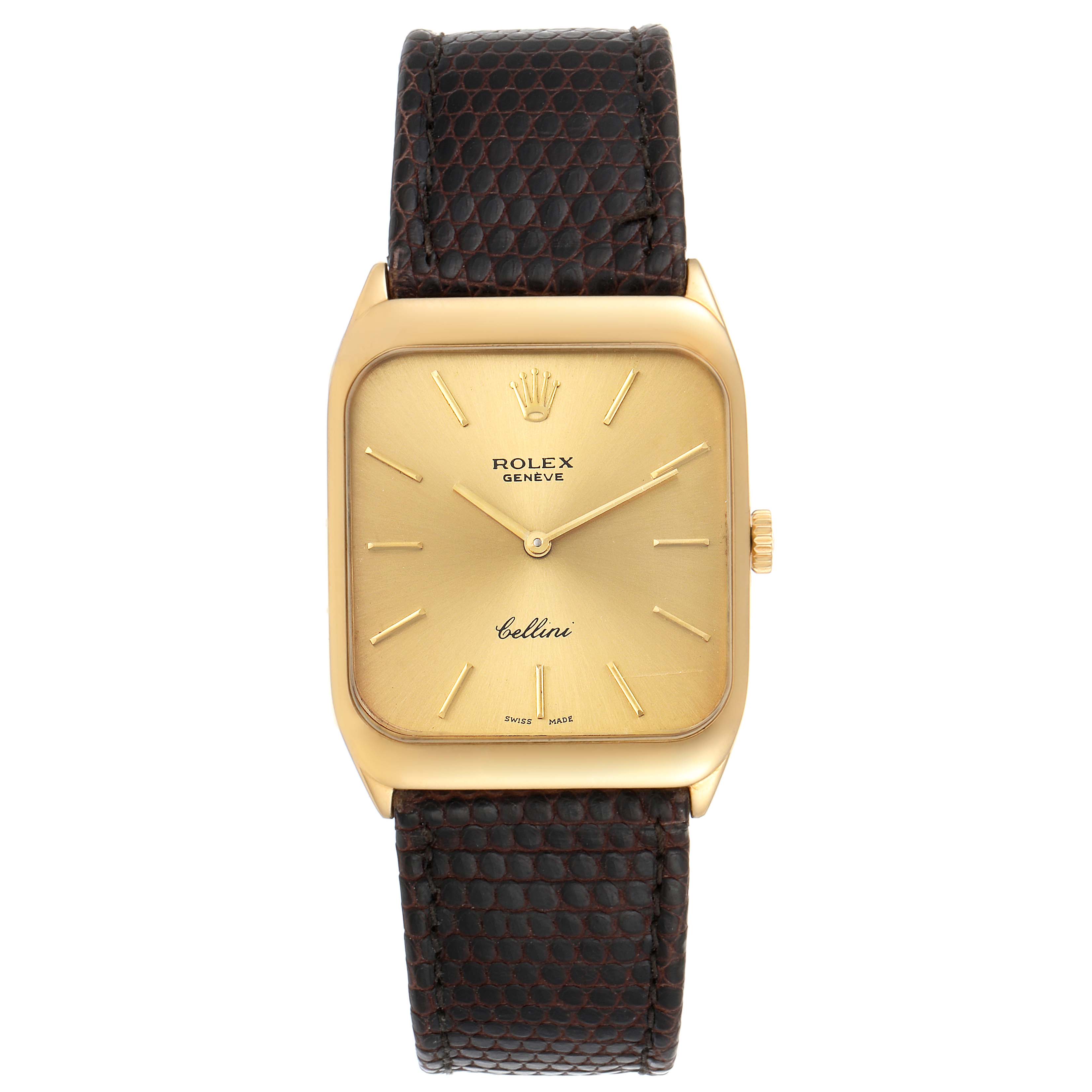 The image shows a front view of the Rolex Cellini 4135 Men's Yellow Gold Champagne Dial 4135 Men's Yellow Gold Champagne Dial watch, highlighting its gold square dial and textured brown leather strap.