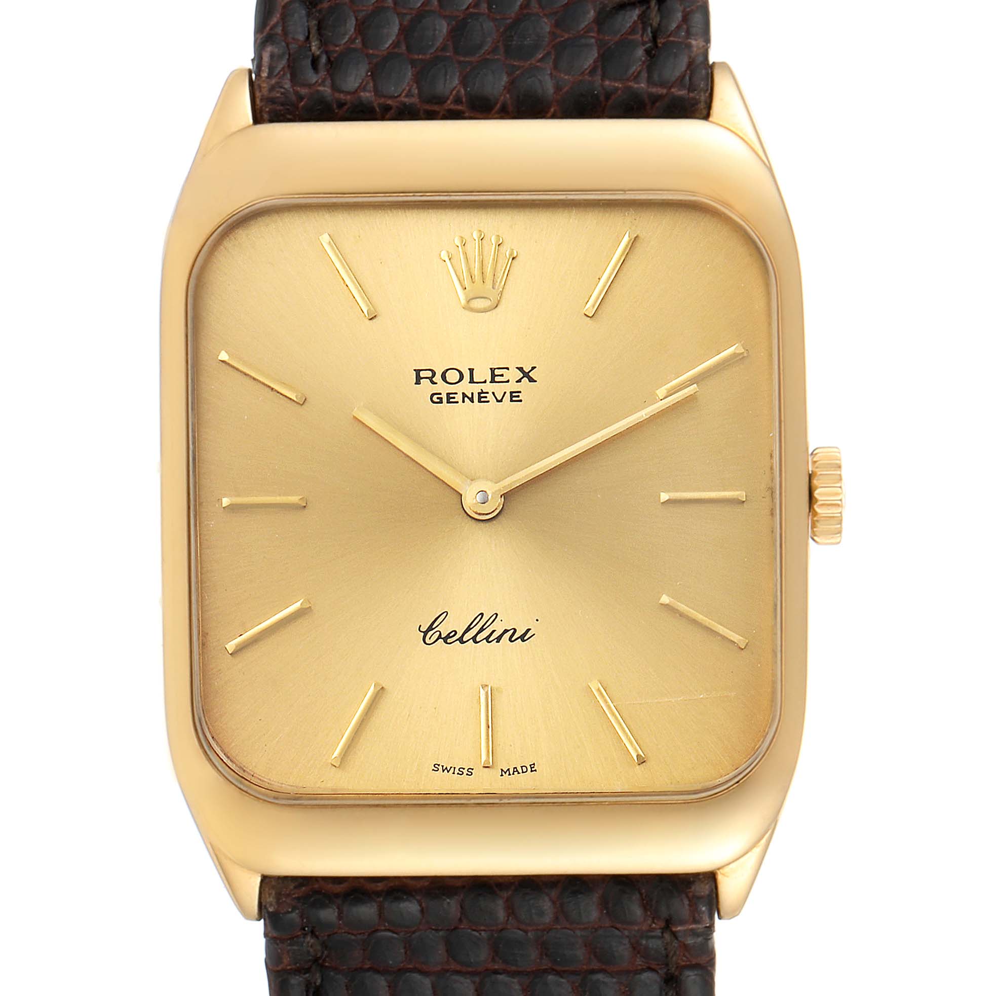 The image shows a front view of a Rolex Cellini 4135 Men's Yellow Gold Champagne Dial 4135 Men's Yellow Gold Champagne Dial watch, highlighting its gold dial, rectangular case, and leather strap.