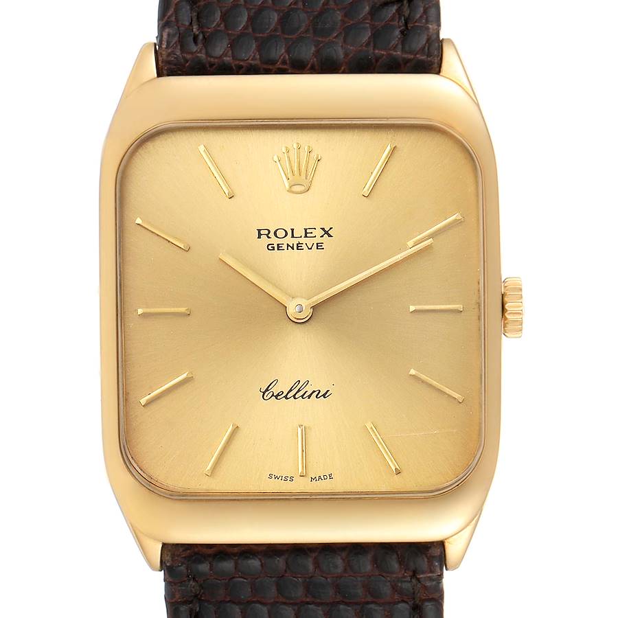 Rolex Cellini 18k Yellow Gold Brown Strap Mens Vintage Watch 4027 SwissWatchExpo