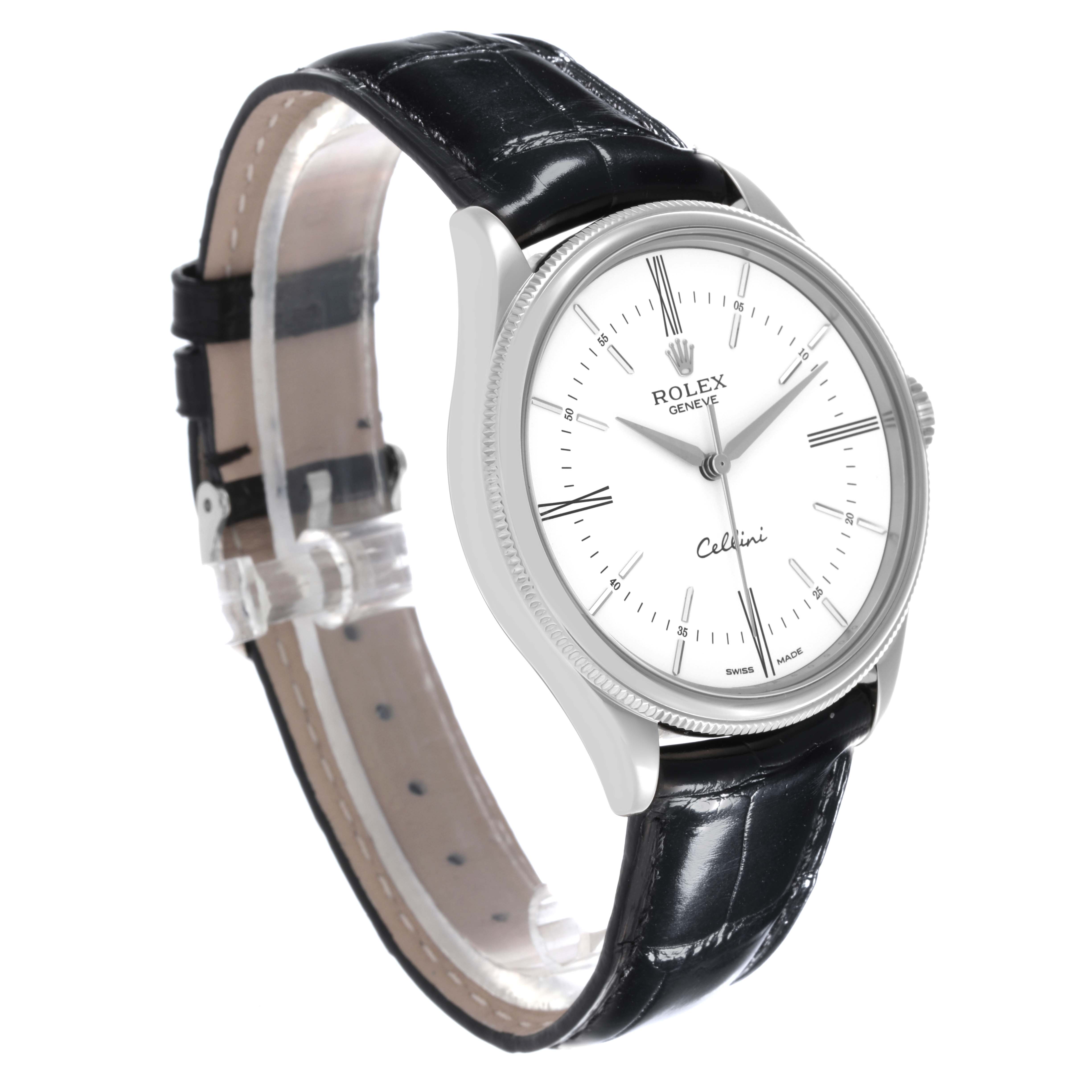 The Rolex Cellini 50509 Men's White Gold White Dial 50509 Men's White Gold White Dial watch is shown at a three-quarter angle, highlighting the face, case, bezel, and leather strap.