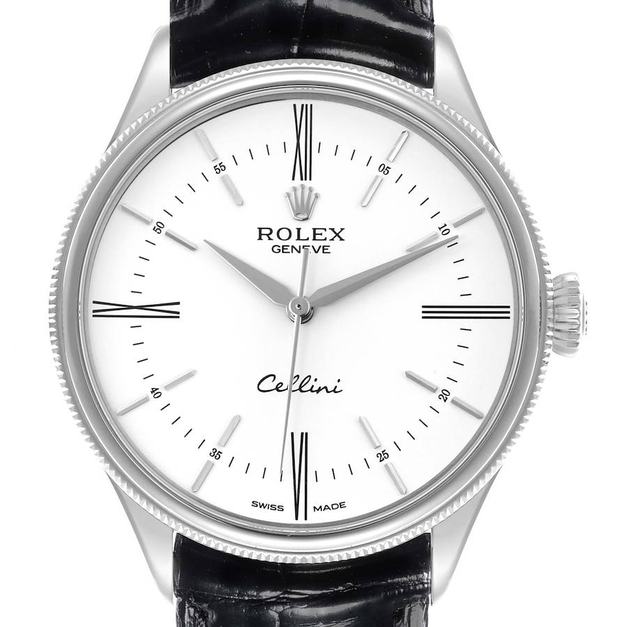 The Rolex Cellini watch is shown from a front angle, highlighting its face, bezel, and crown.