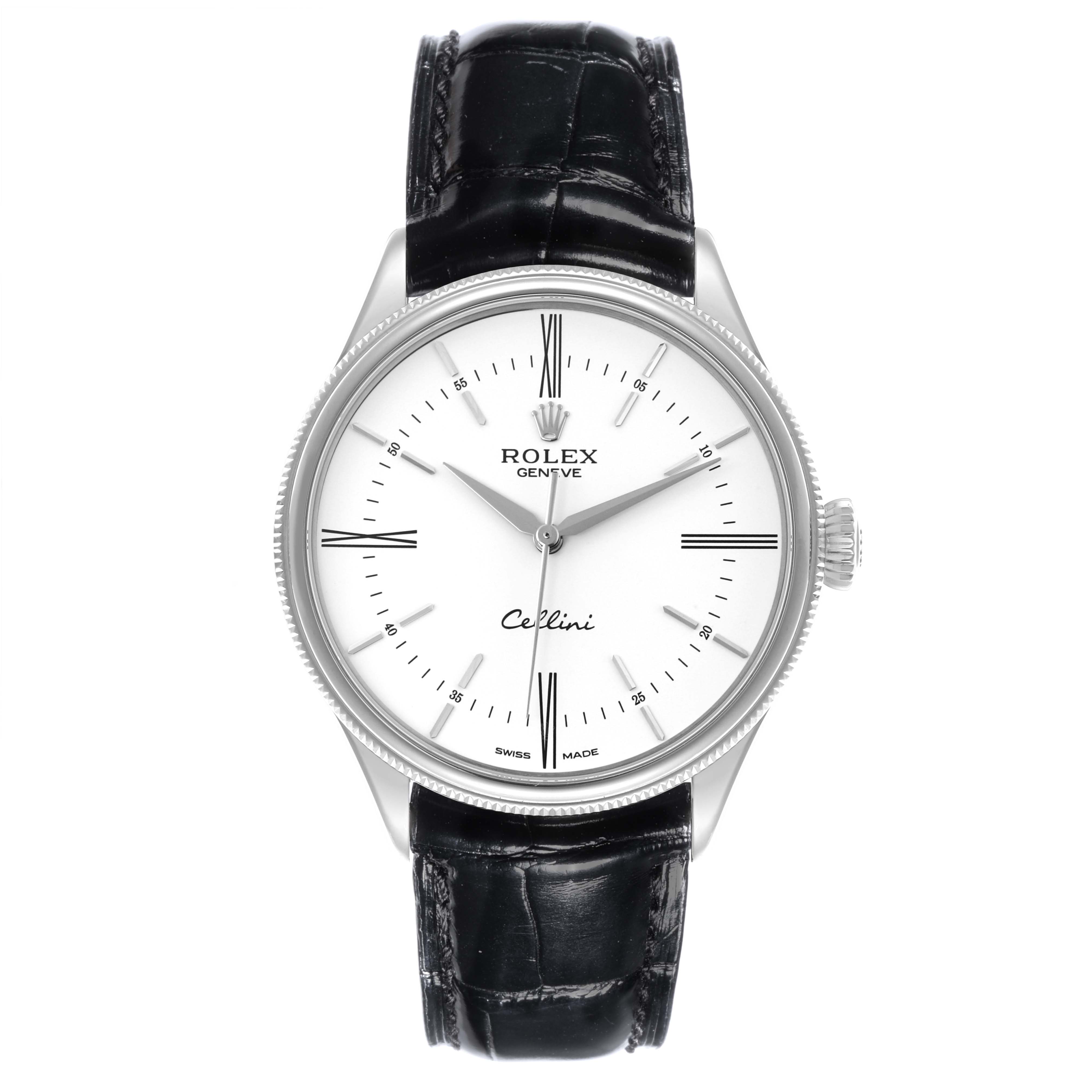 The Rolex Cellini 50509 Men's White Gold White Dial 50509 Men's White Gold White Dial watch is shown from a front angle, displaying the dial, crown, and leather strap.