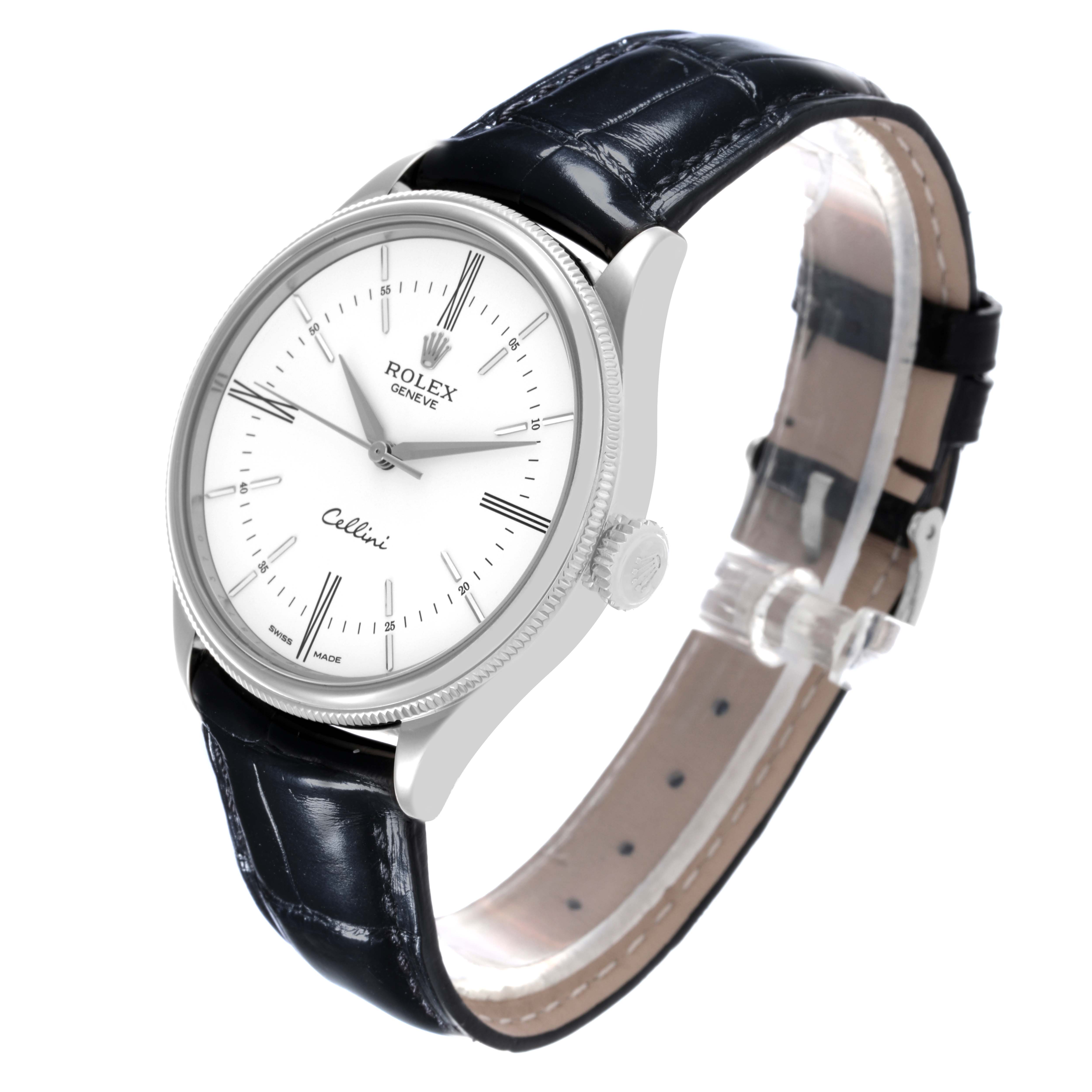 The Rolex Cellini 50509 Men's White Gold White Dial 50509 Men's White Gold White Dial watch is shown at a slight side angle, displaying the face, strap, and crown.
